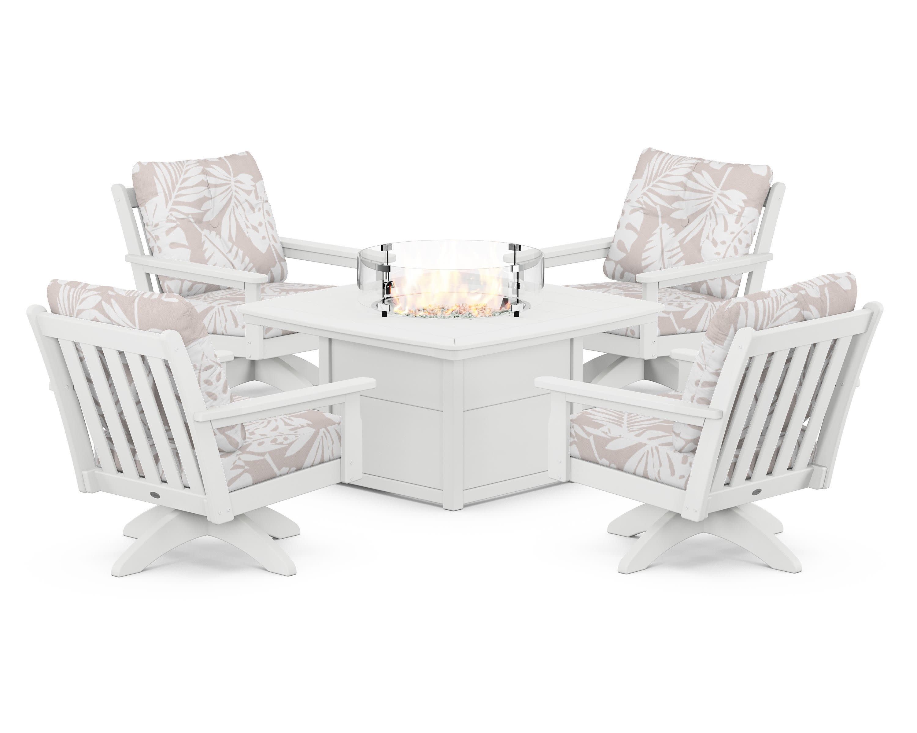 Vineyard 5-Piece Deep Seating Swivel Conversation Set with Fire Pit Table in White / Leaf Dune Burlap