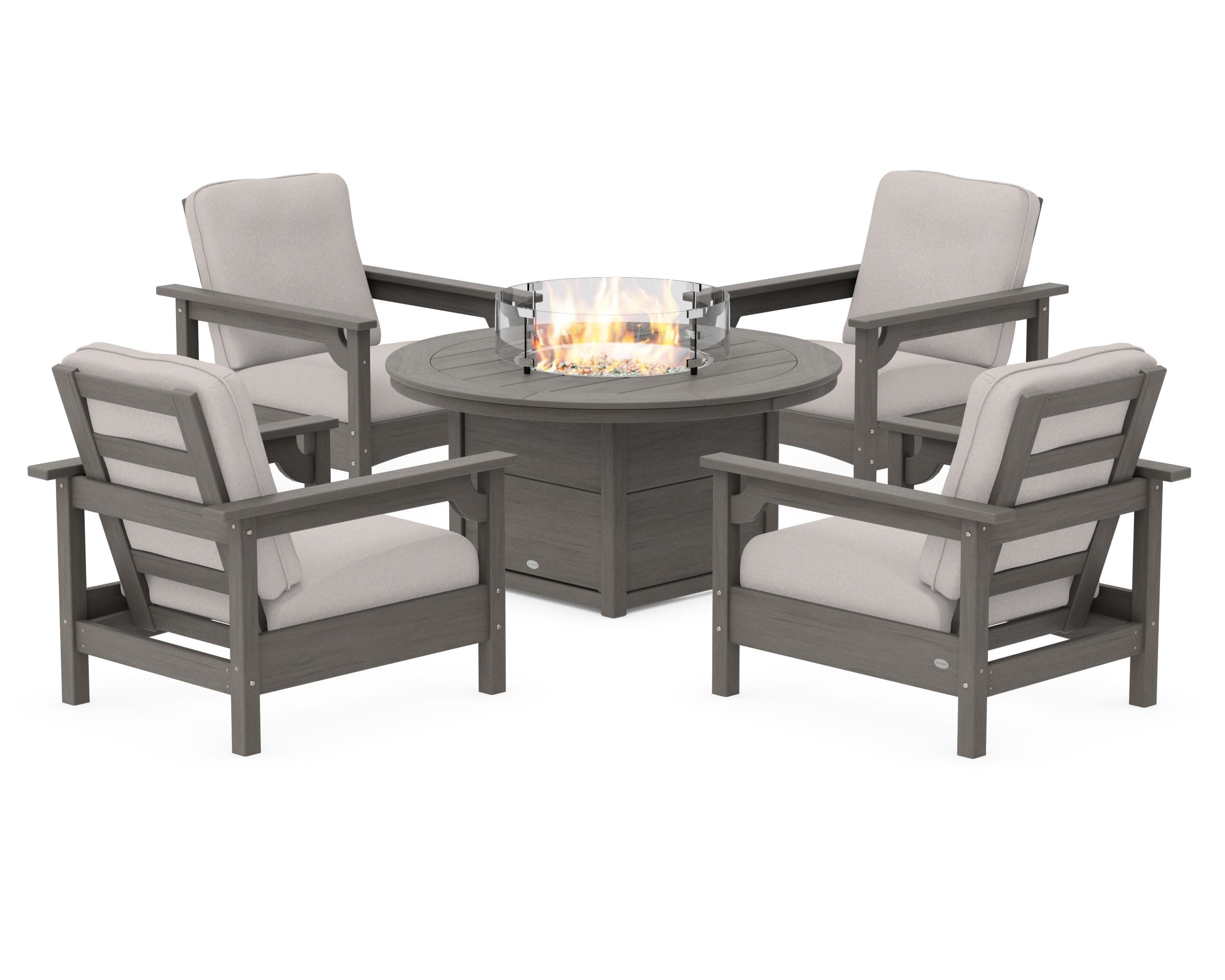 Club 5-Piece Conversation Set with Fire Pit Table in Driftwood / Dune Burlap
