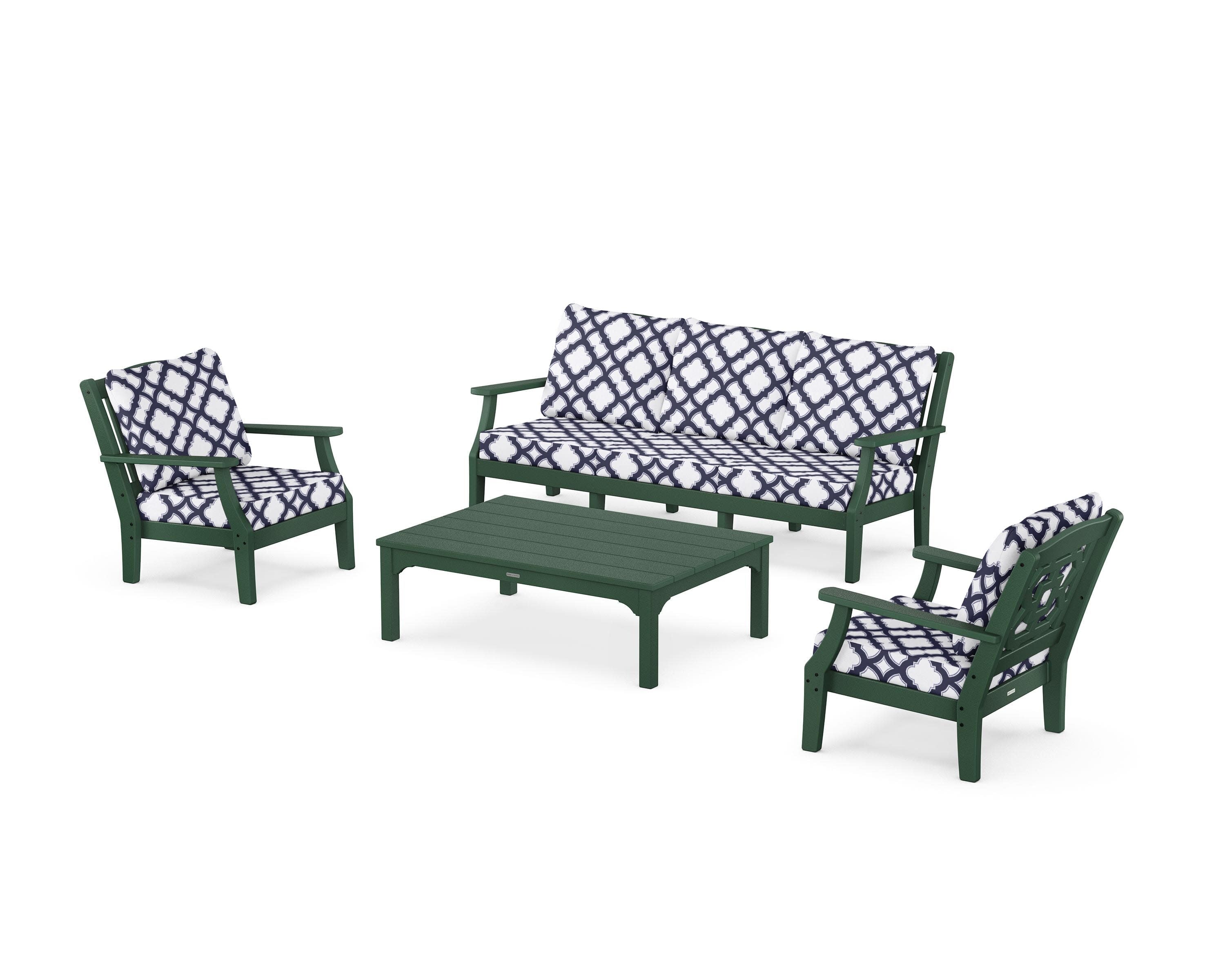Chinoiserie 4-Piece Deep Seating Set with Sofa in Green / Trellis Navy