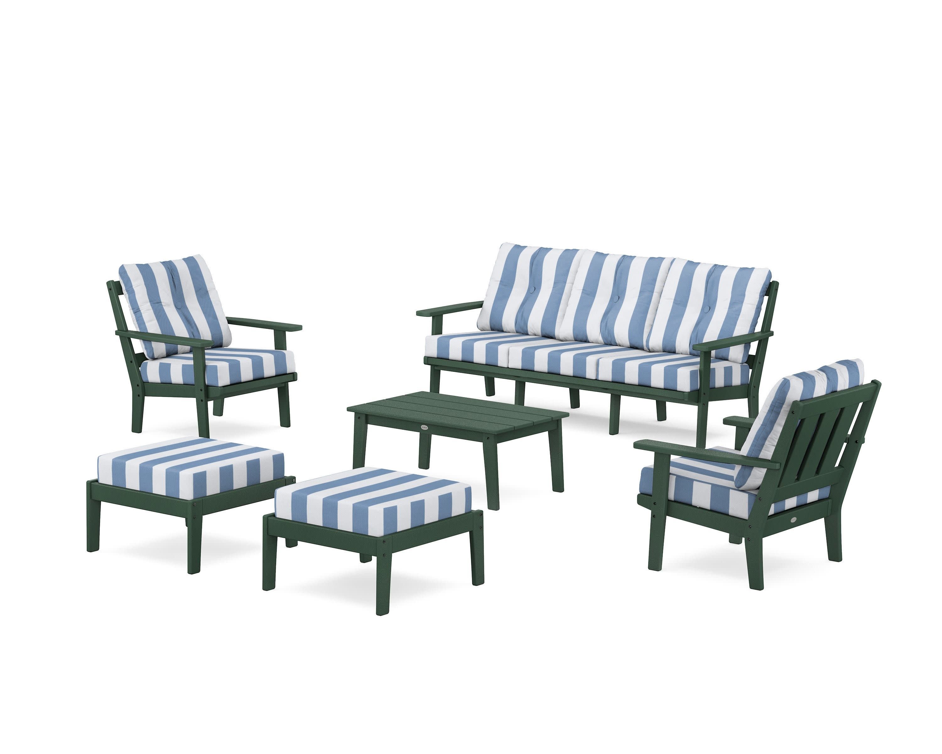 Oxford 6-Piece Lounge Sofa Set in Green / Cabana Stripe Sky Blue