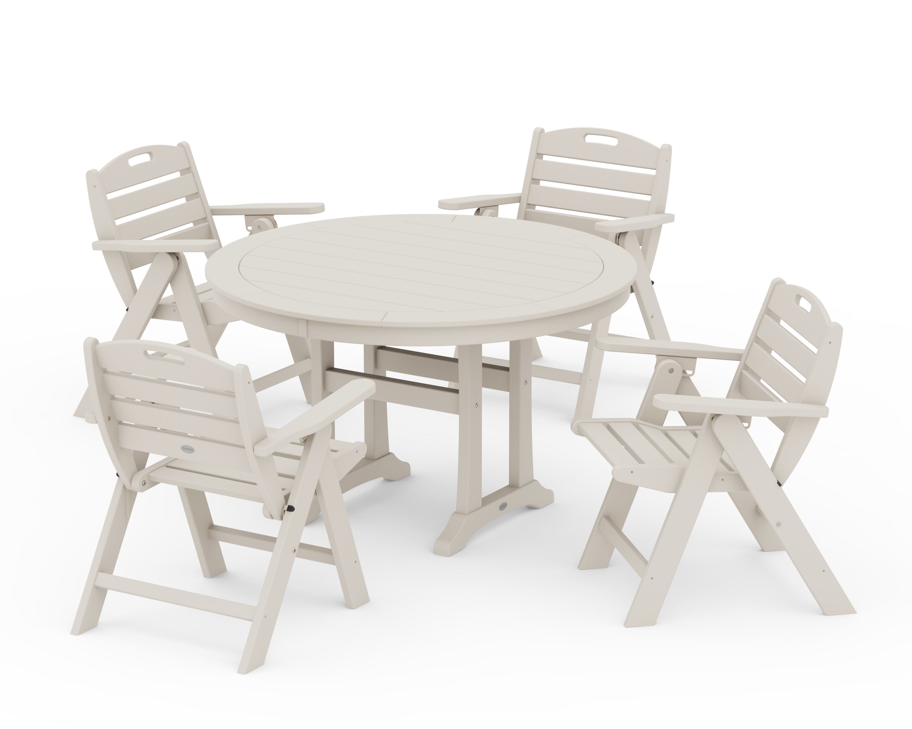 Nautical Folding Lowback Chair 5-Piece Round Dining Set With Trestle Legs in Sand