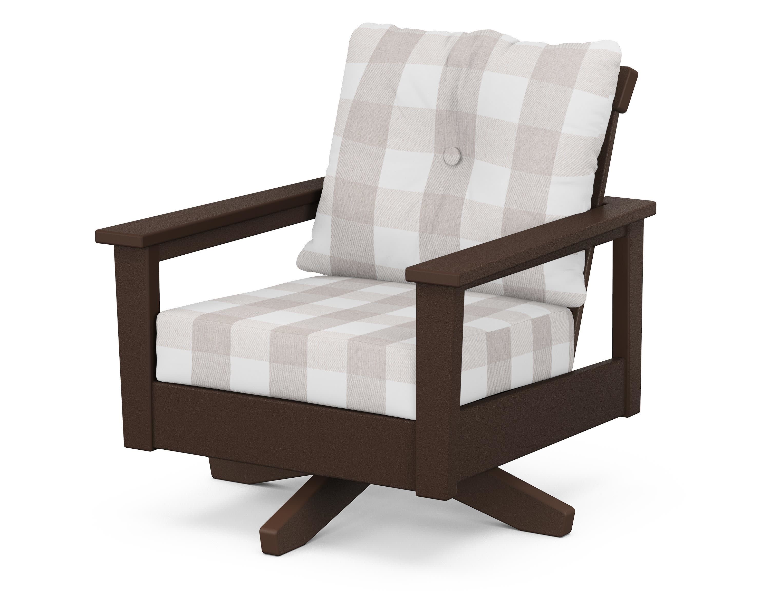 Prescott Deep Seating Swivel Chair in Mahogany / Buffalo Plaid Dune Burlap