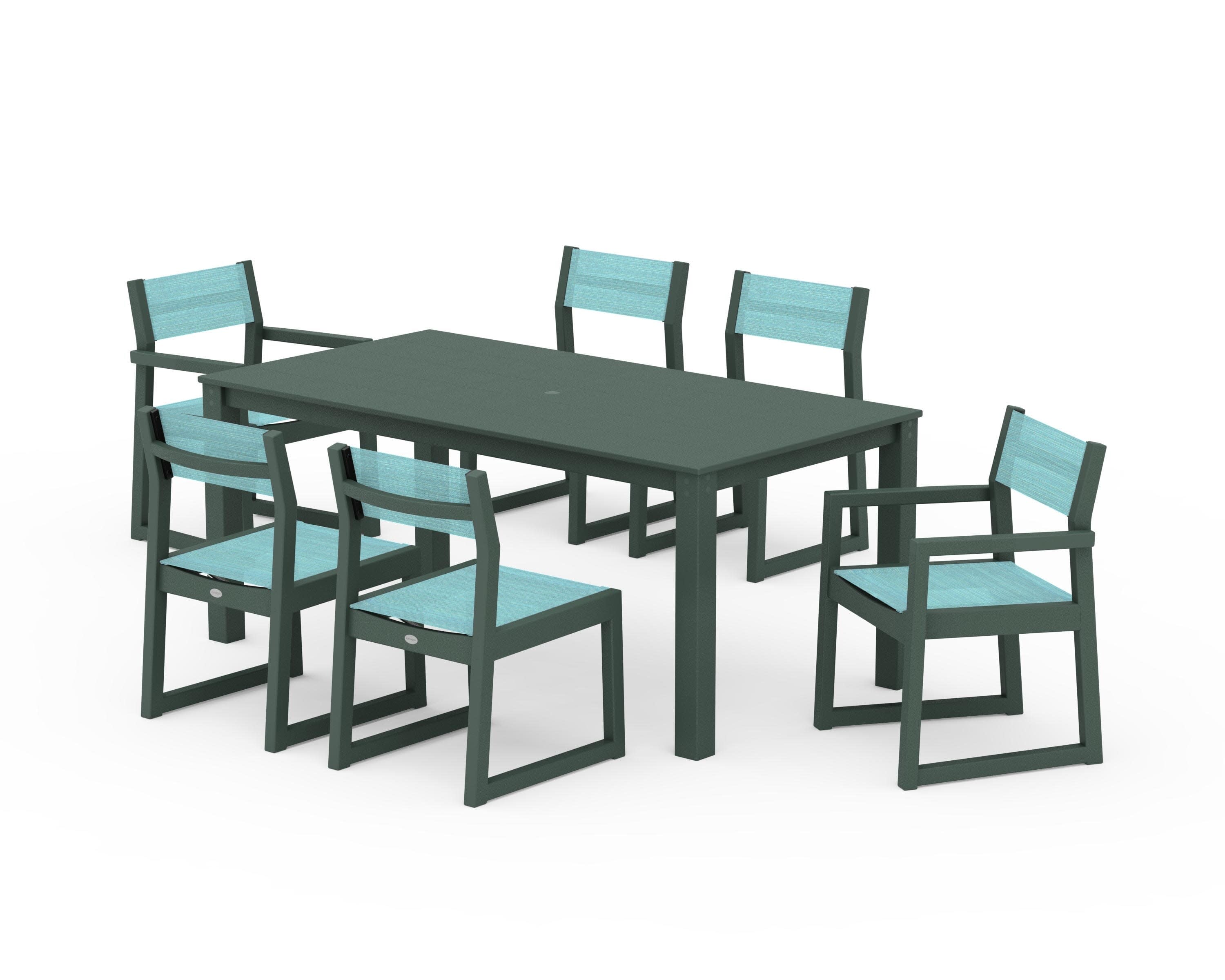 EDGE Sling 7-Piece Parsons Dining Set in Green / Dupioni Aquamarine Sling
