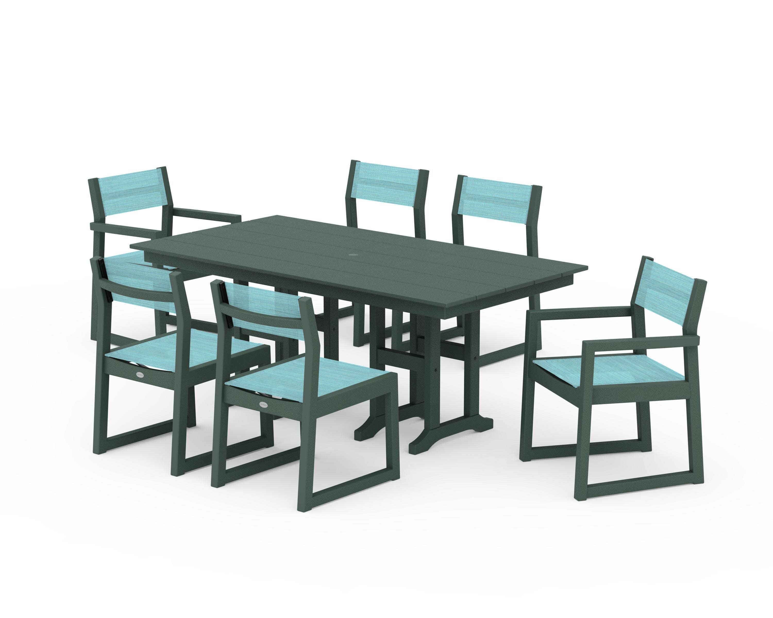 EDGE Sling 7-Piece Farmhouse Dining Set in Green / Dupioni Aquamarine Sling