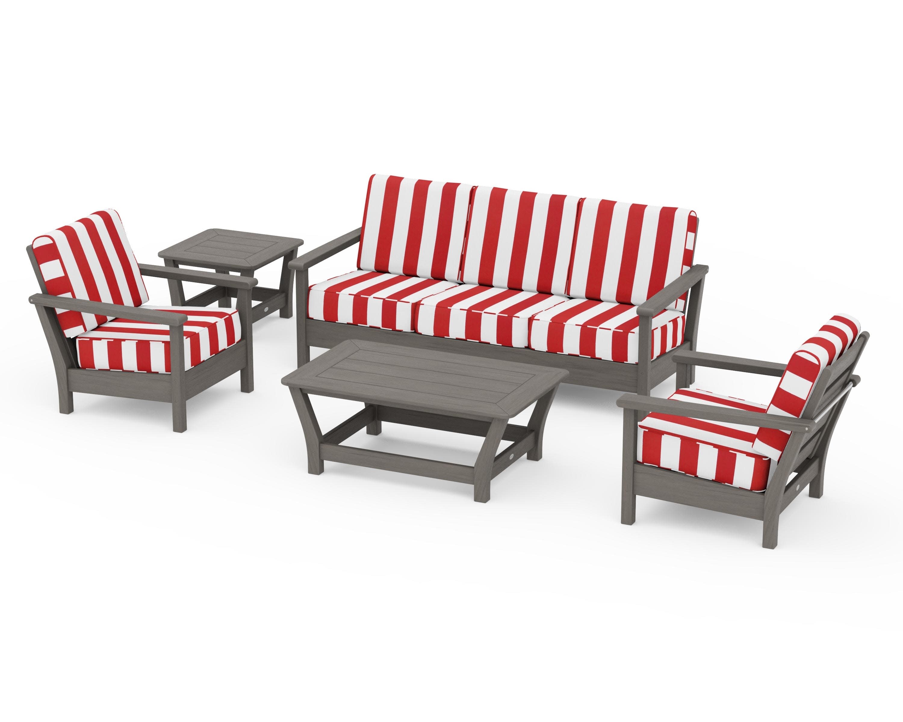 Harbour 5-Piece Deep Seating Set in Driftwood / Cabana Stripe Crimson