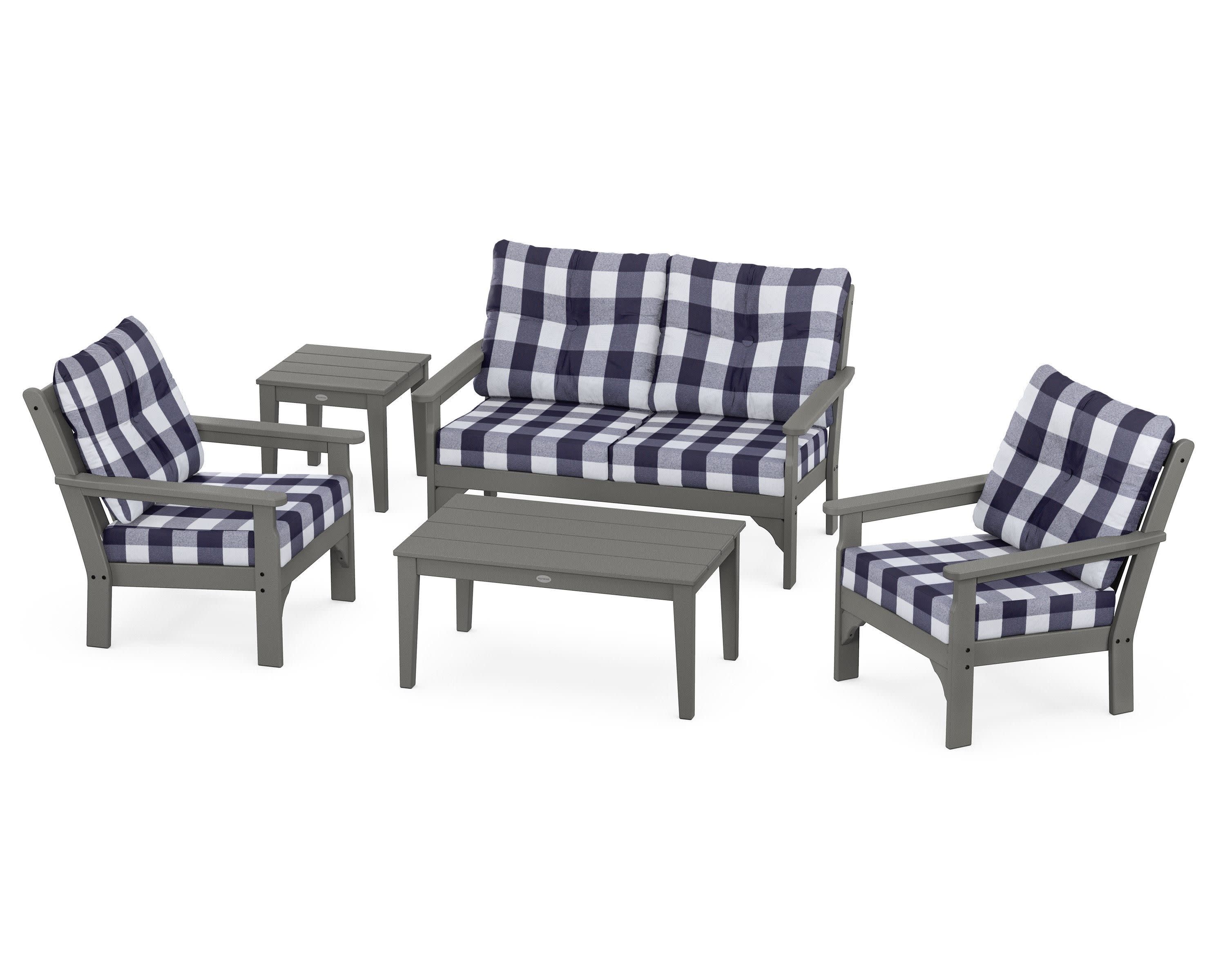 Vineyard 5-Piece Deep Seating Set in Slate Grey / Buffalo Plaid Navy