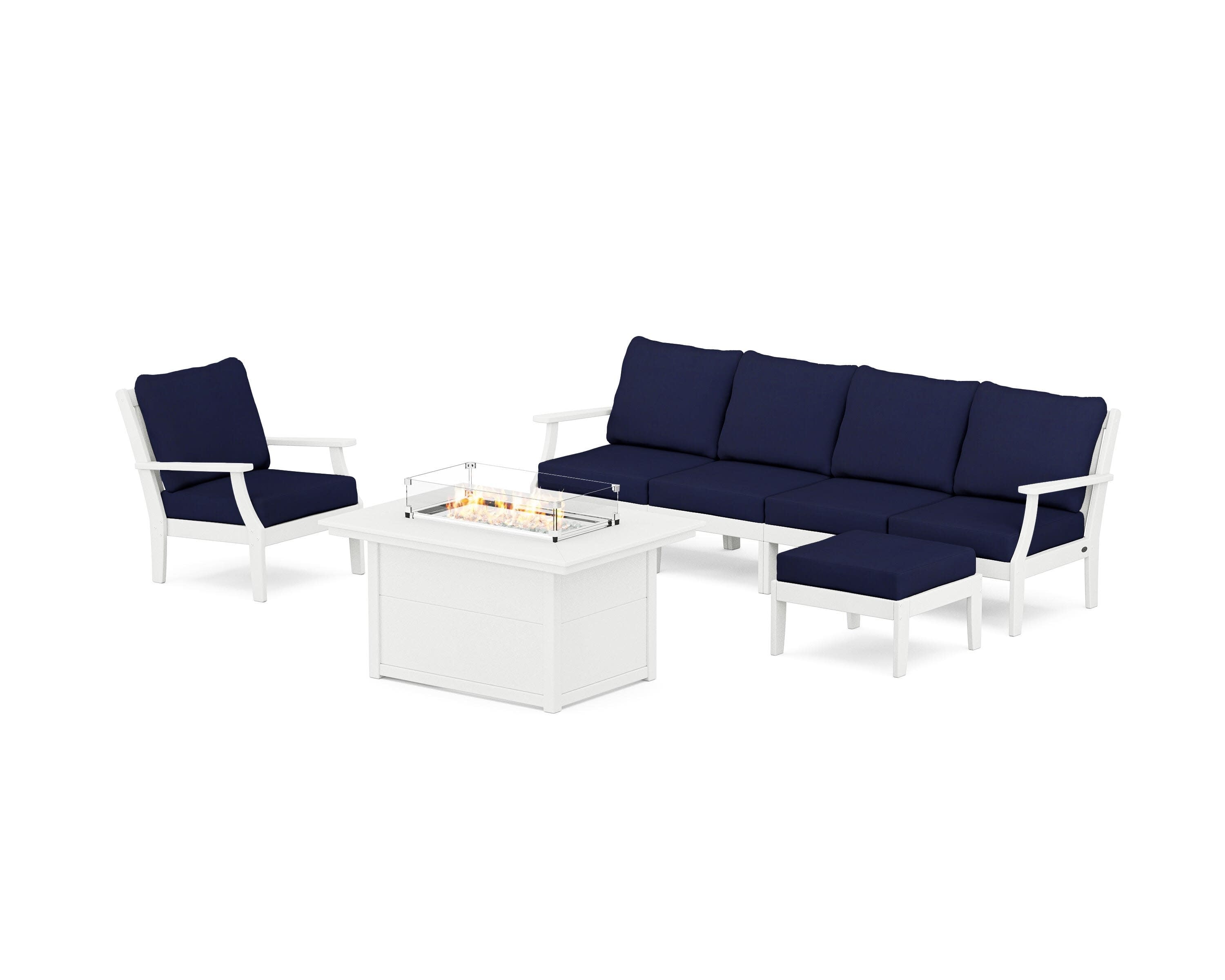 Braxton Sectional Lounge and Fire Pit Set in White / Navy
