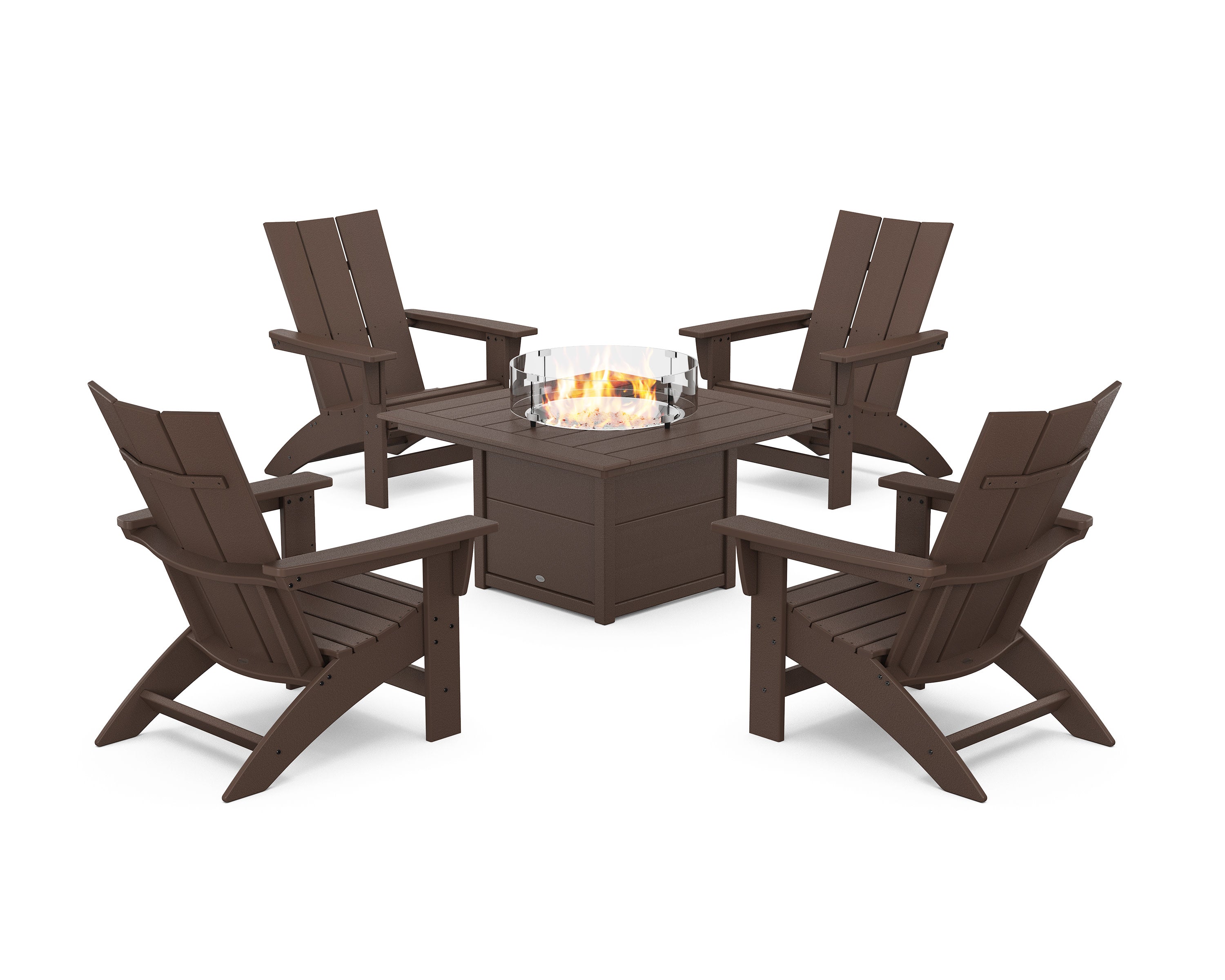 5-Piece Modern Grand Adirondack Conversation Set with Fire Pit Table in Mahogany