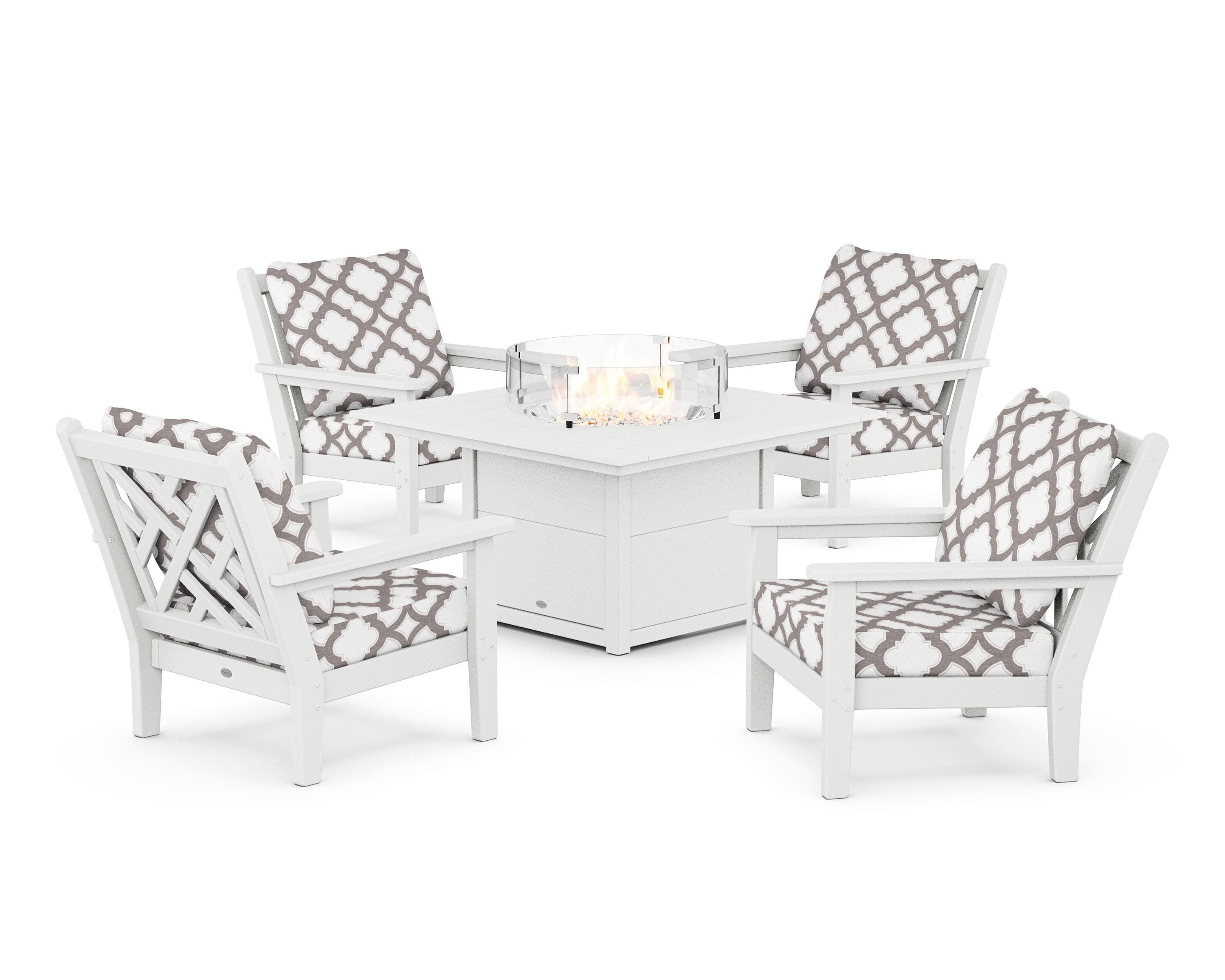 Chippendale 5-Piece Deep Seating Set with Fire Pit Table in White / Trellis Grey Mist