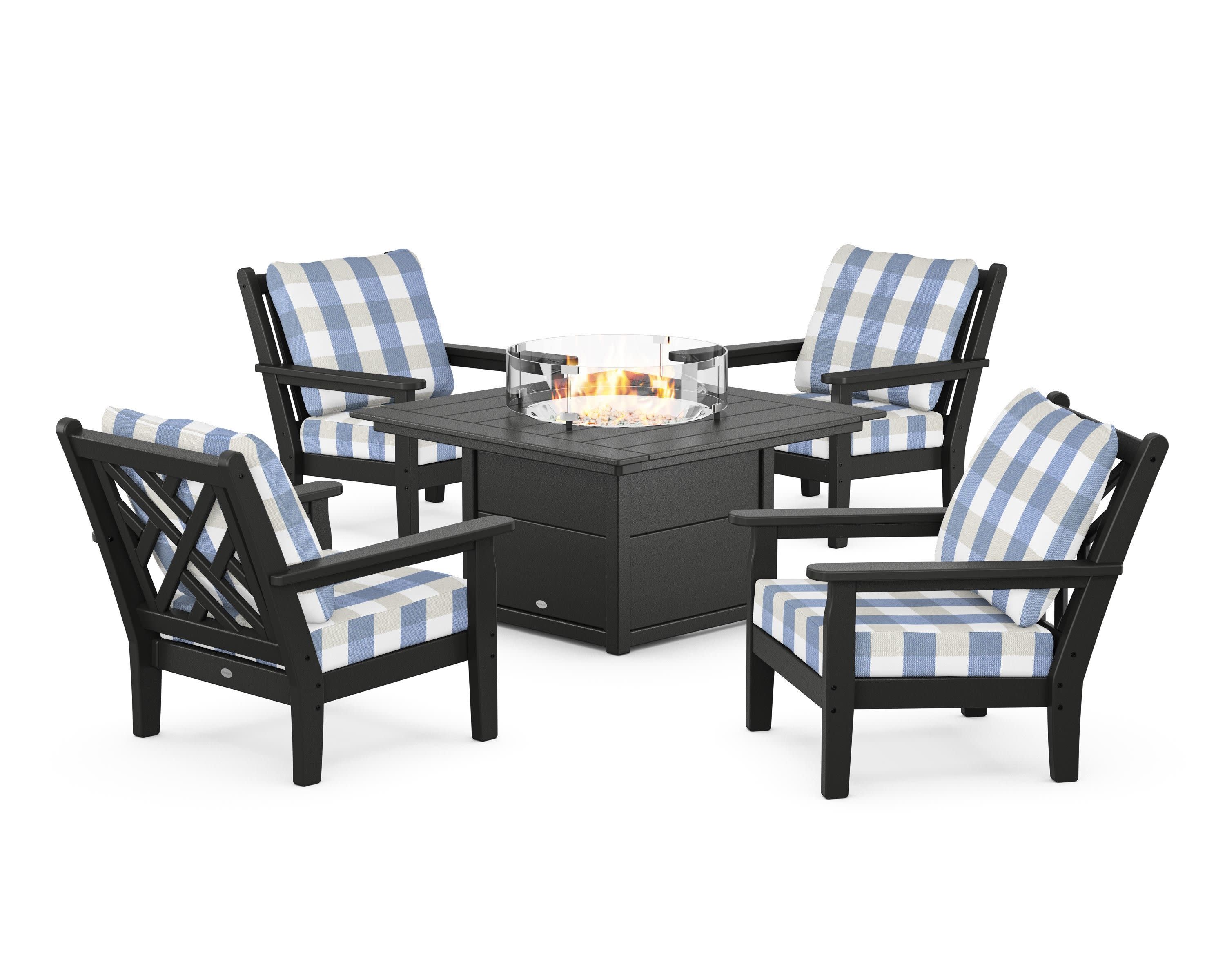 Chippendale 5-Piece Deep Seating Set with Fire Pit Table in Black / Buffalo Plaid Sky Blue