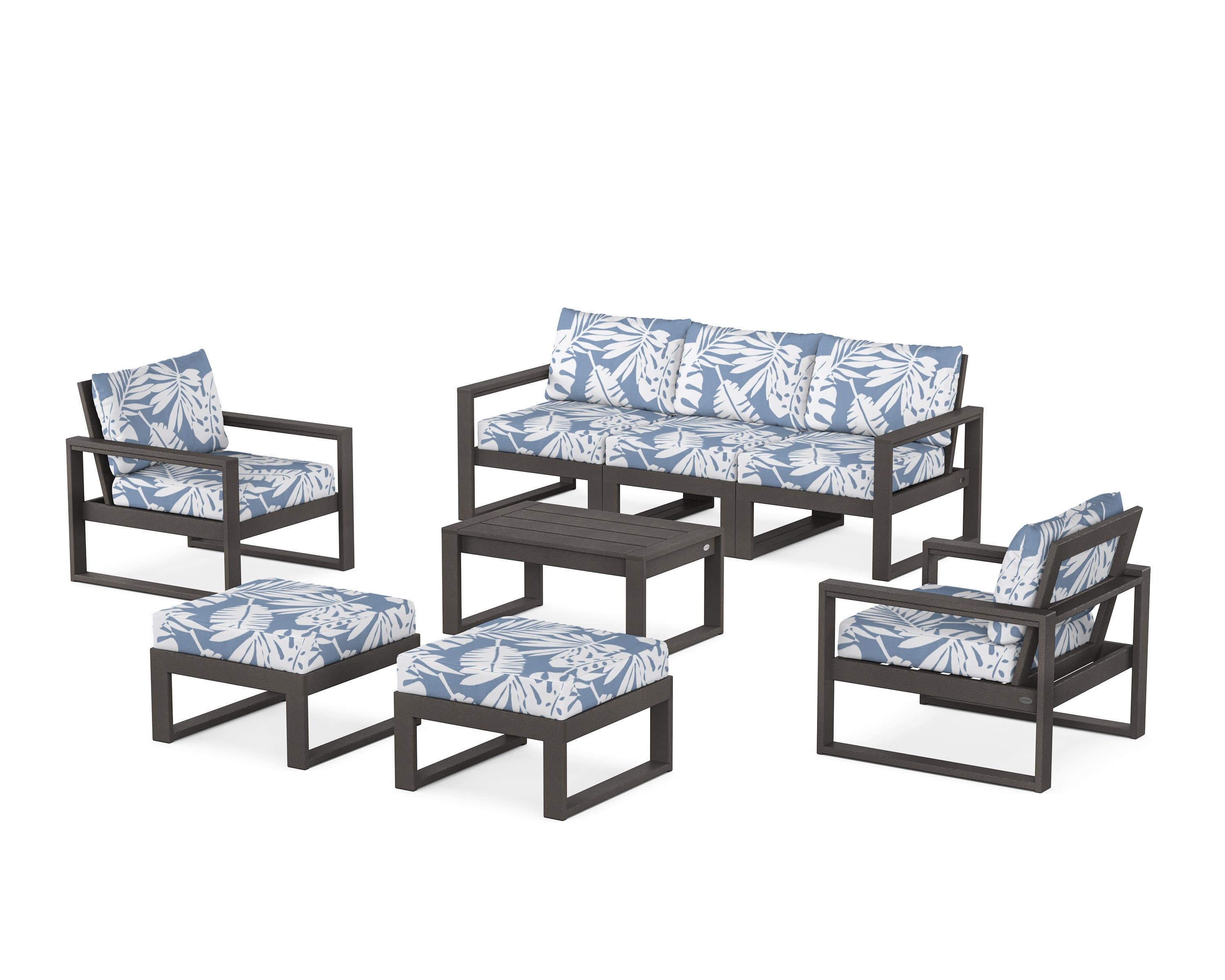 EDGE Sectional 8-Piece Lounge Sofa Set in Vintage Coffee / Leaf Sky Blue