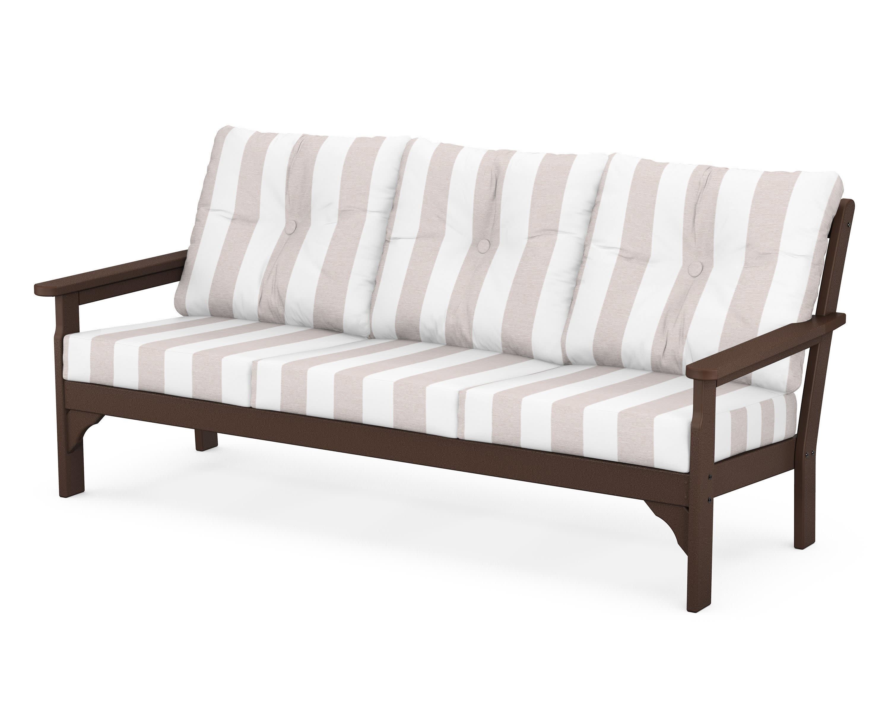 Vineyard Deep Seating Sofa in Mahogany / Cabana Stripe Dune Burlap