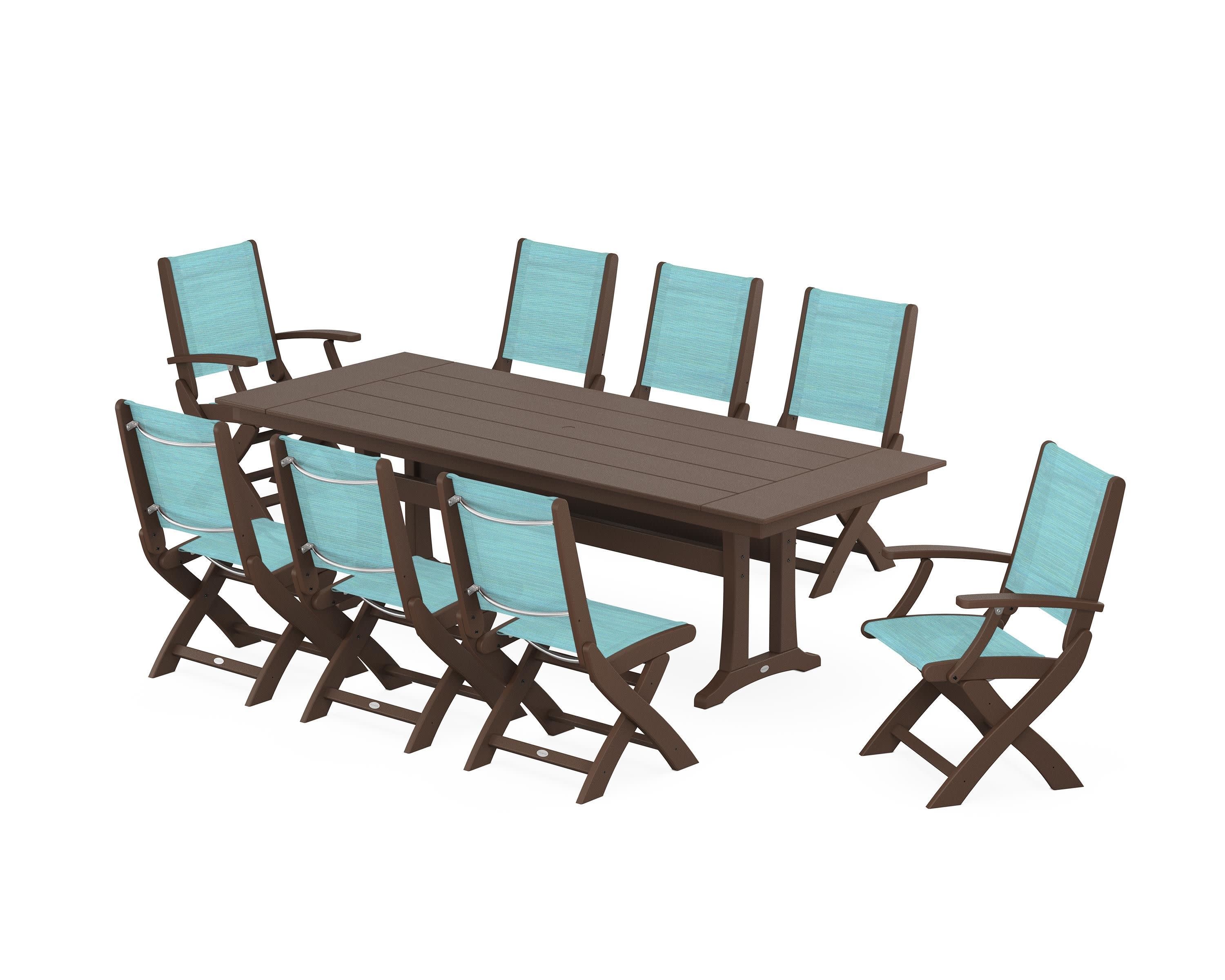 Coastal 9-Piece Folding Dining Chair Farmhouse Dining Set with Trestle Legs in Mahogany / Dupioni Aquamarine Sling