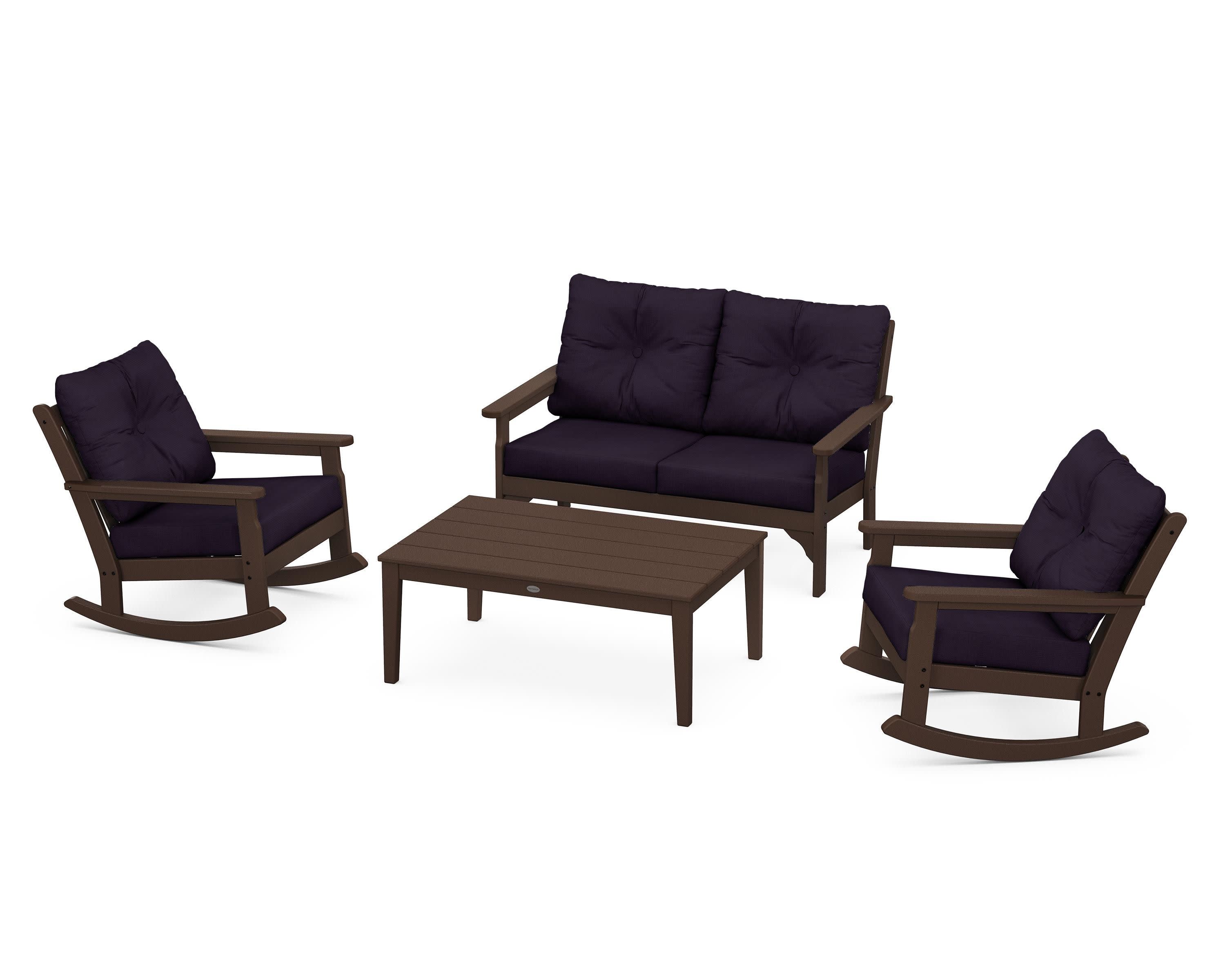 Vineyard 4-Piece Deep Seating Rocking Chair Set in Mahogany / Navy Linen