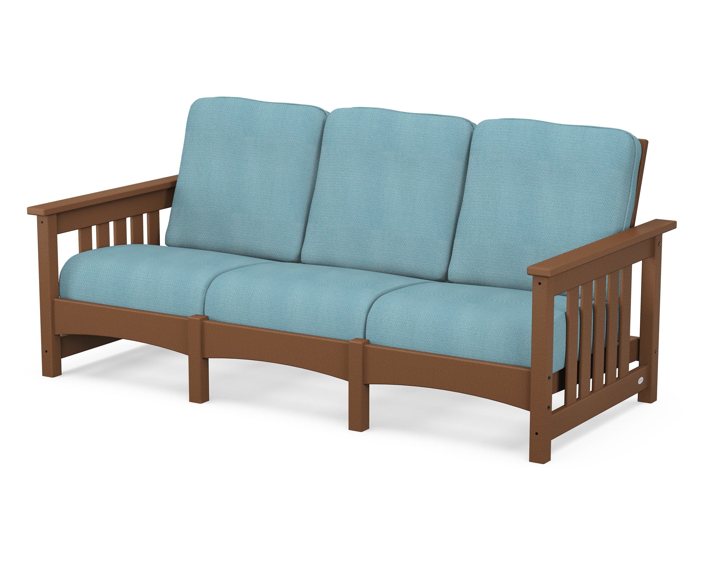Club Mission Sofa in Teak / Lattice Sky Blue