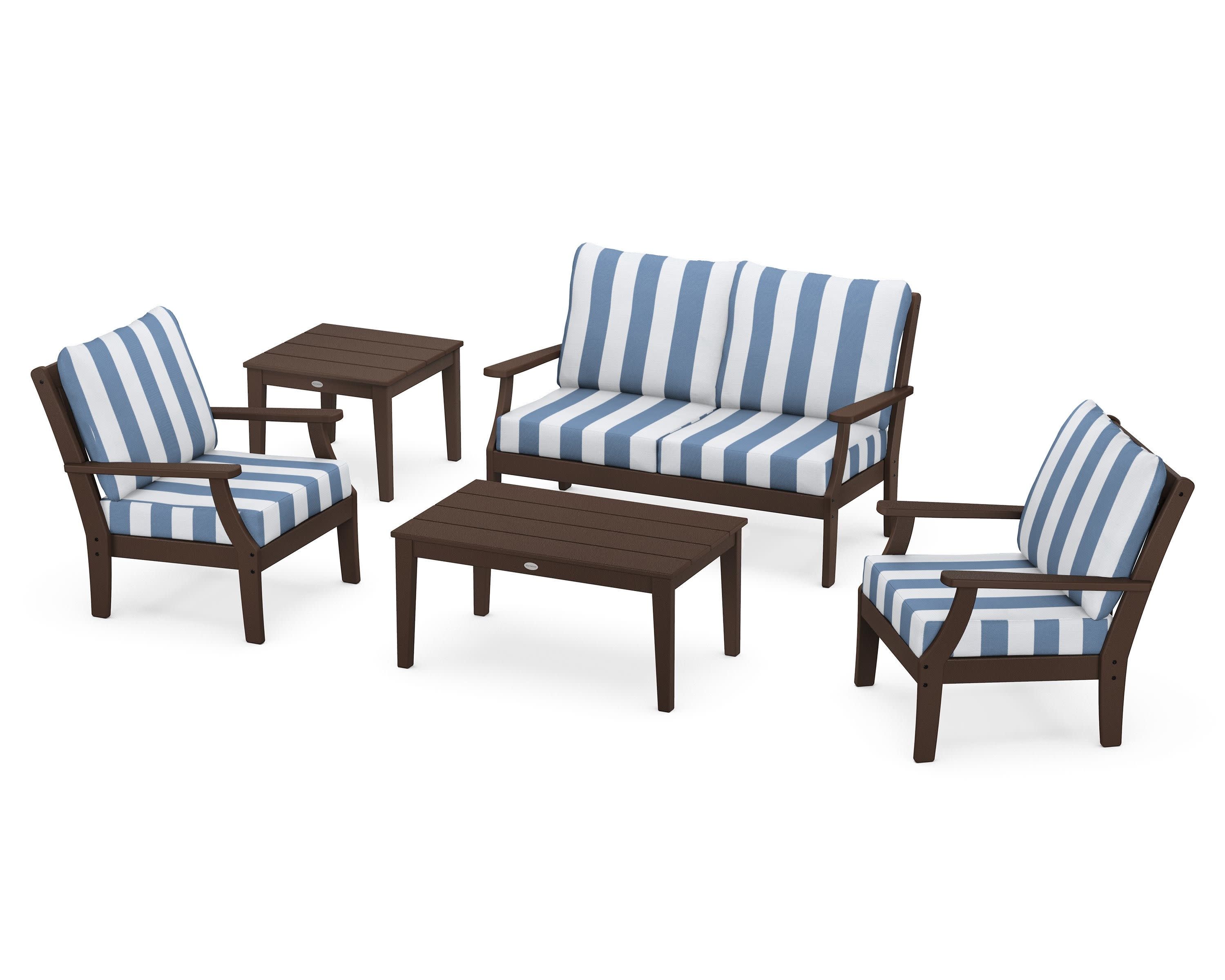 Braxton 5-Piece Deep Seating Set in Mahogany / Cabana Stripe Sky Blue