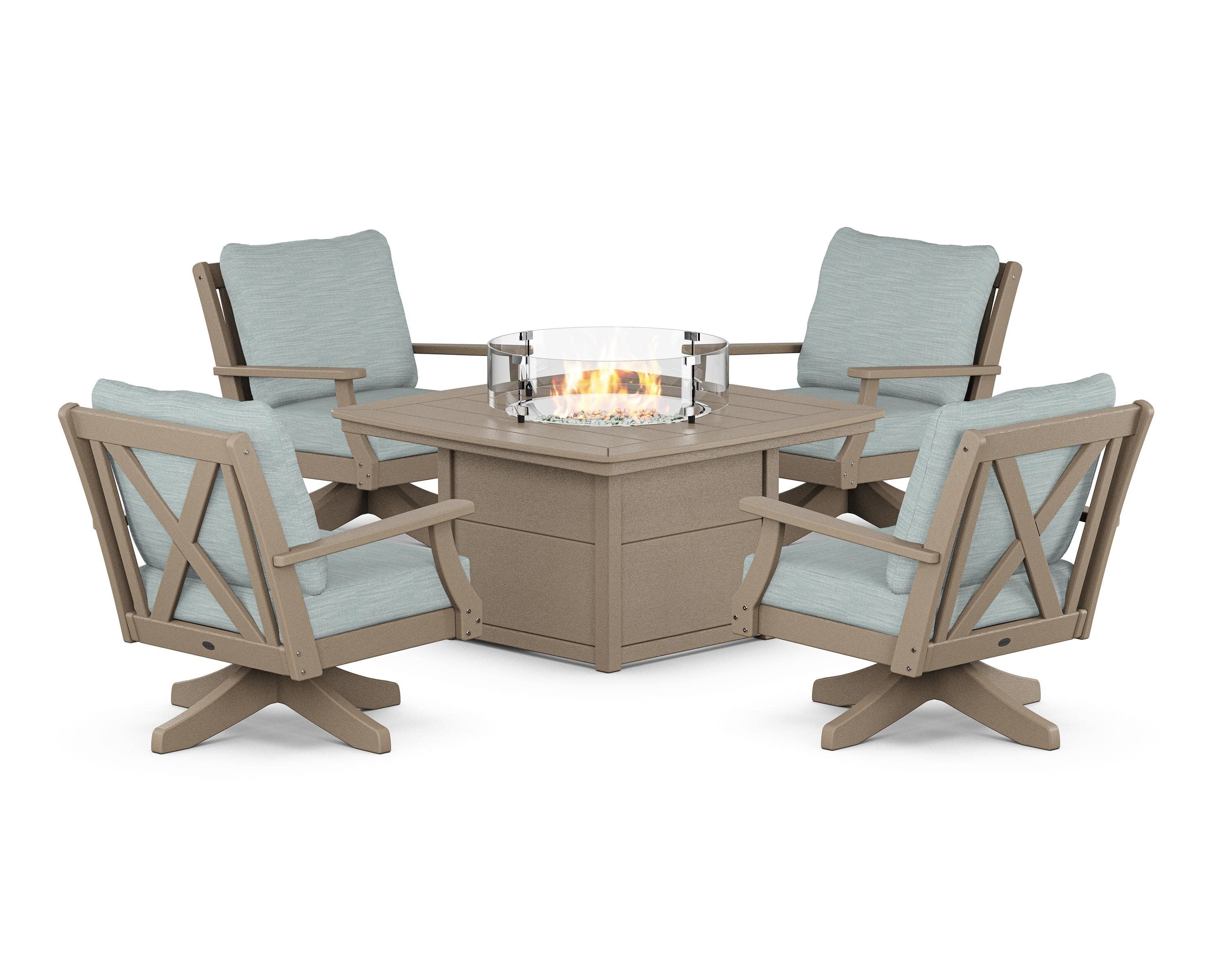 Braxton 5-Piece Deep Seating Swivel Conversation Set with Fire Pit Table in Vintage Sahara / Soothe Mist