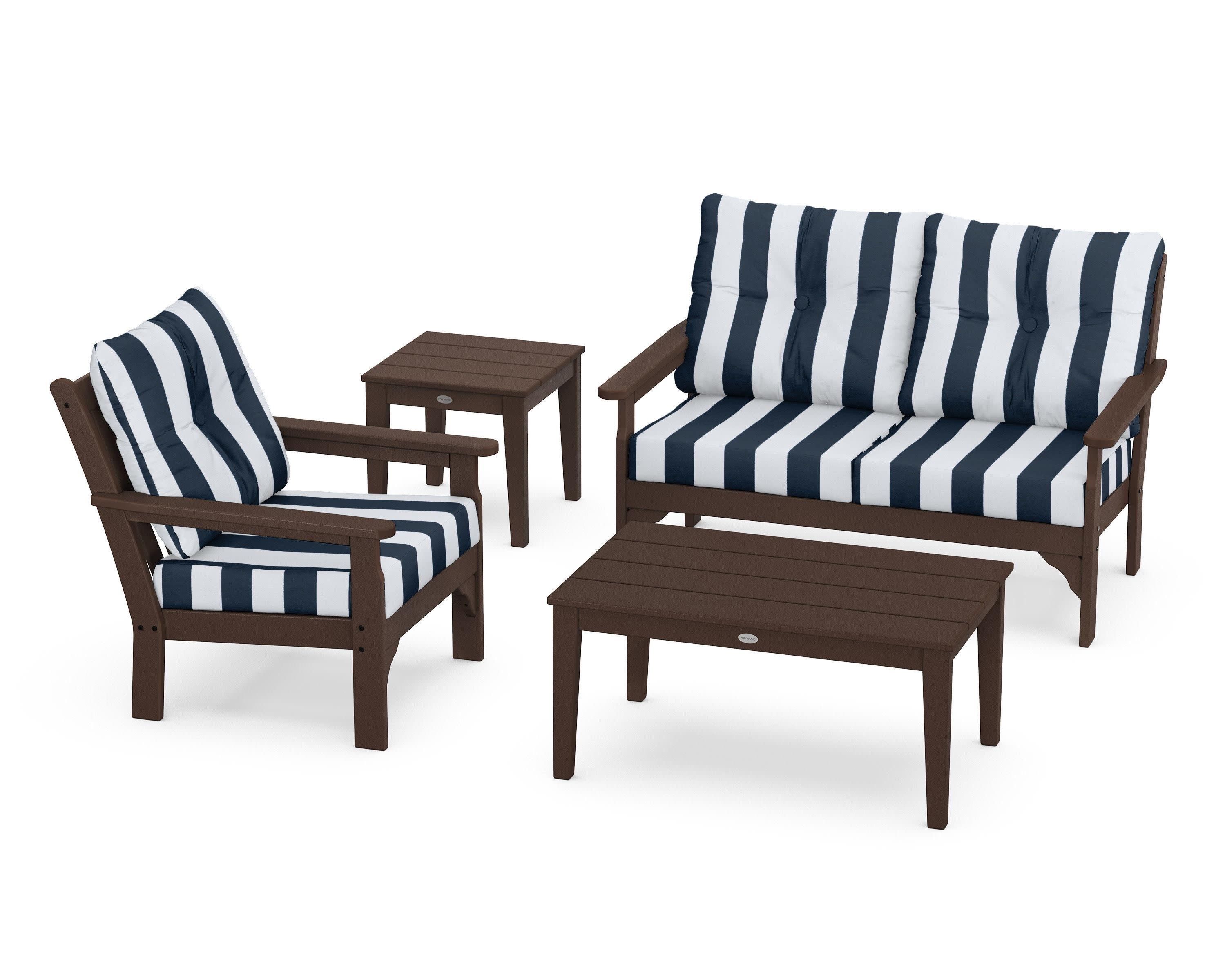Vineyard 4-Piece Deep Seating Set in Mahogany / Cabana Stripe Marine Indigo