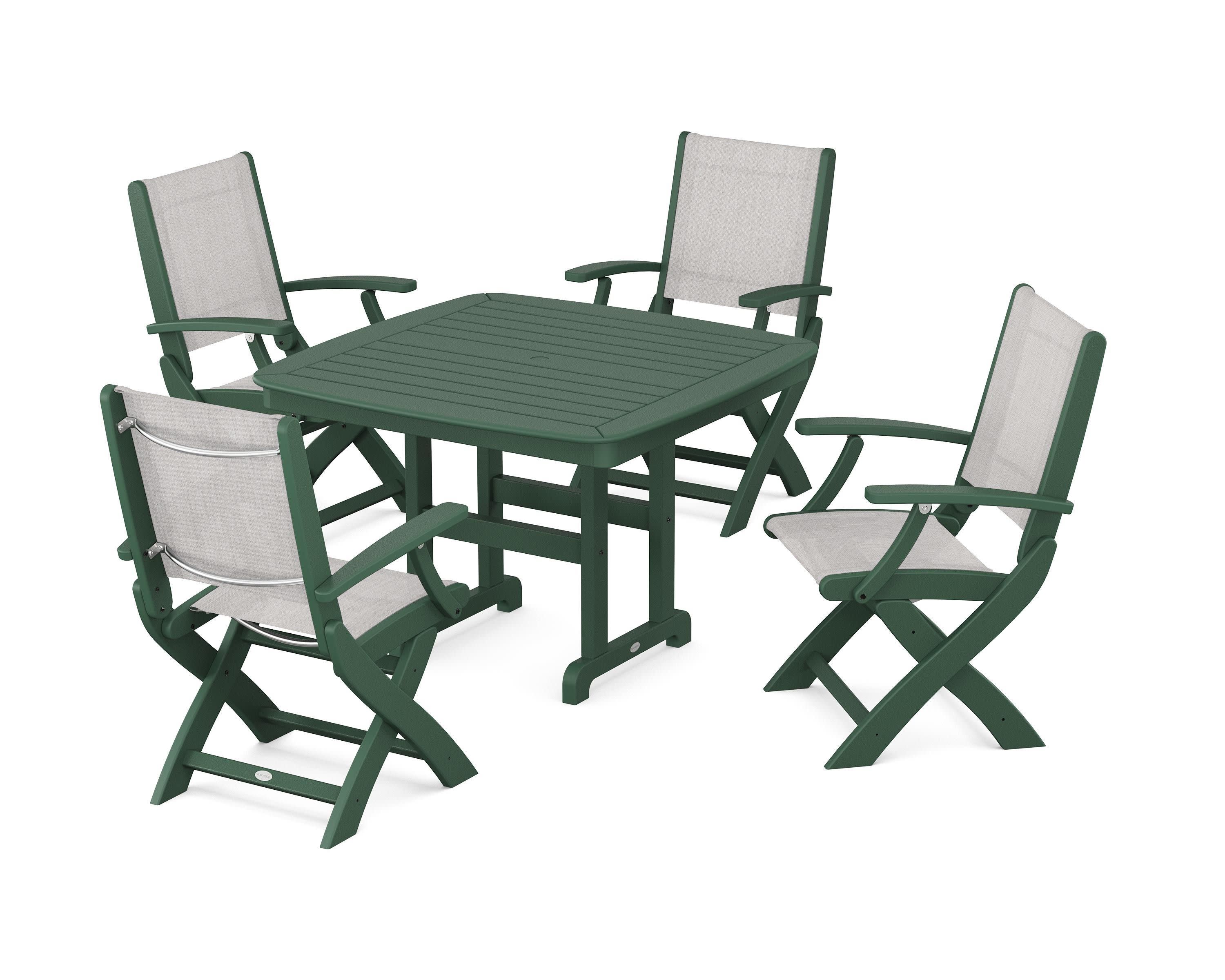 Coastal Folding Chair 5-Piece Dining Set in Green / Parchment Sling