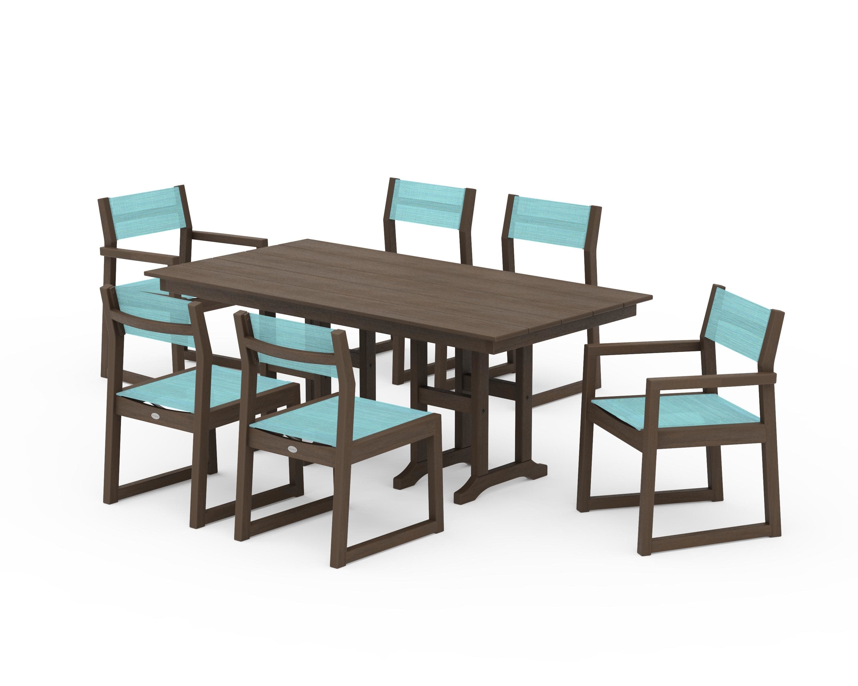 EDGE Sling 7-Piece Farmhouse Dining Set in Kona / Dupioni Aquamarine Sling