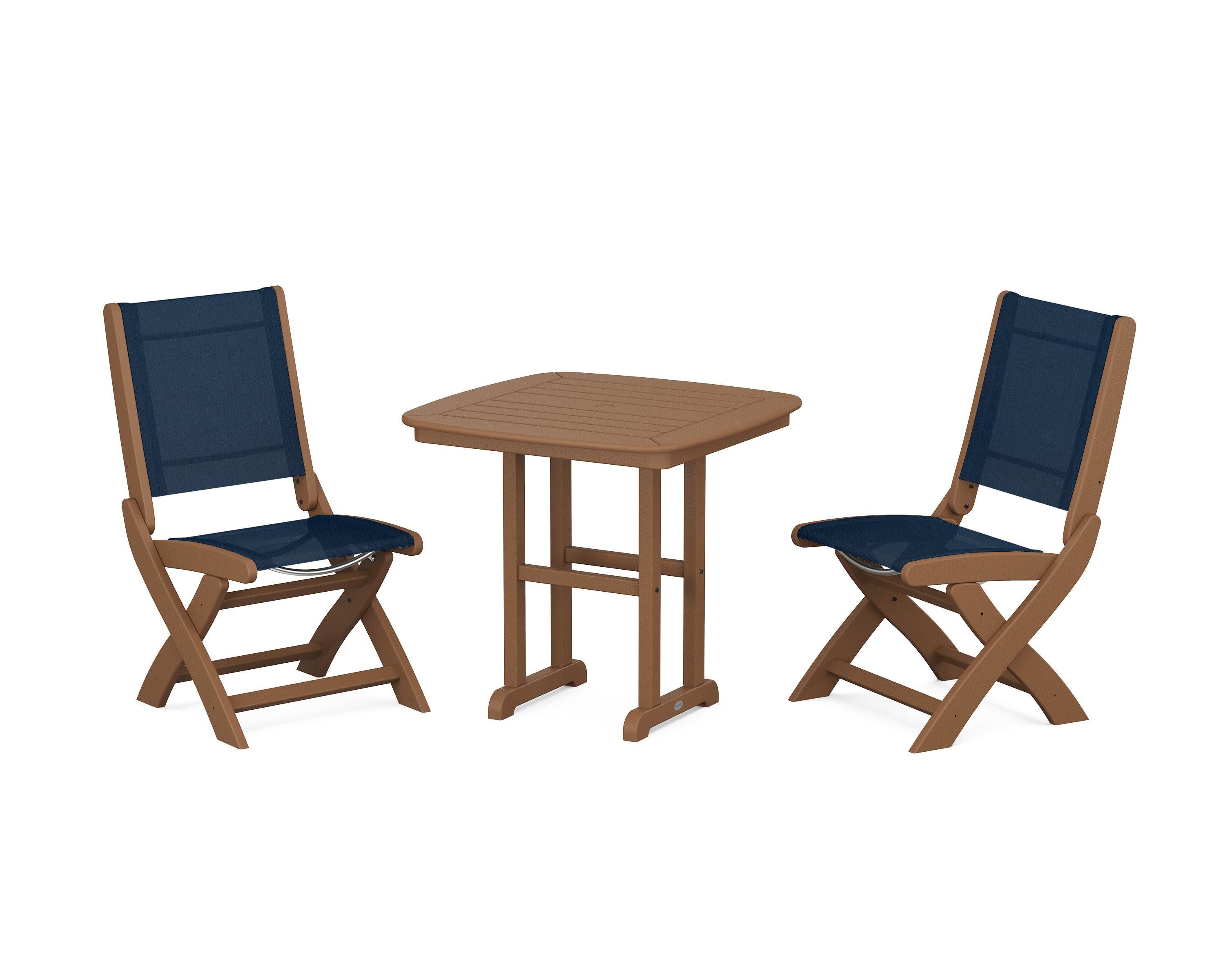 Coastal Folding Side Chair 3-Piece Dining Set in Teak / Navy Blue Sling
