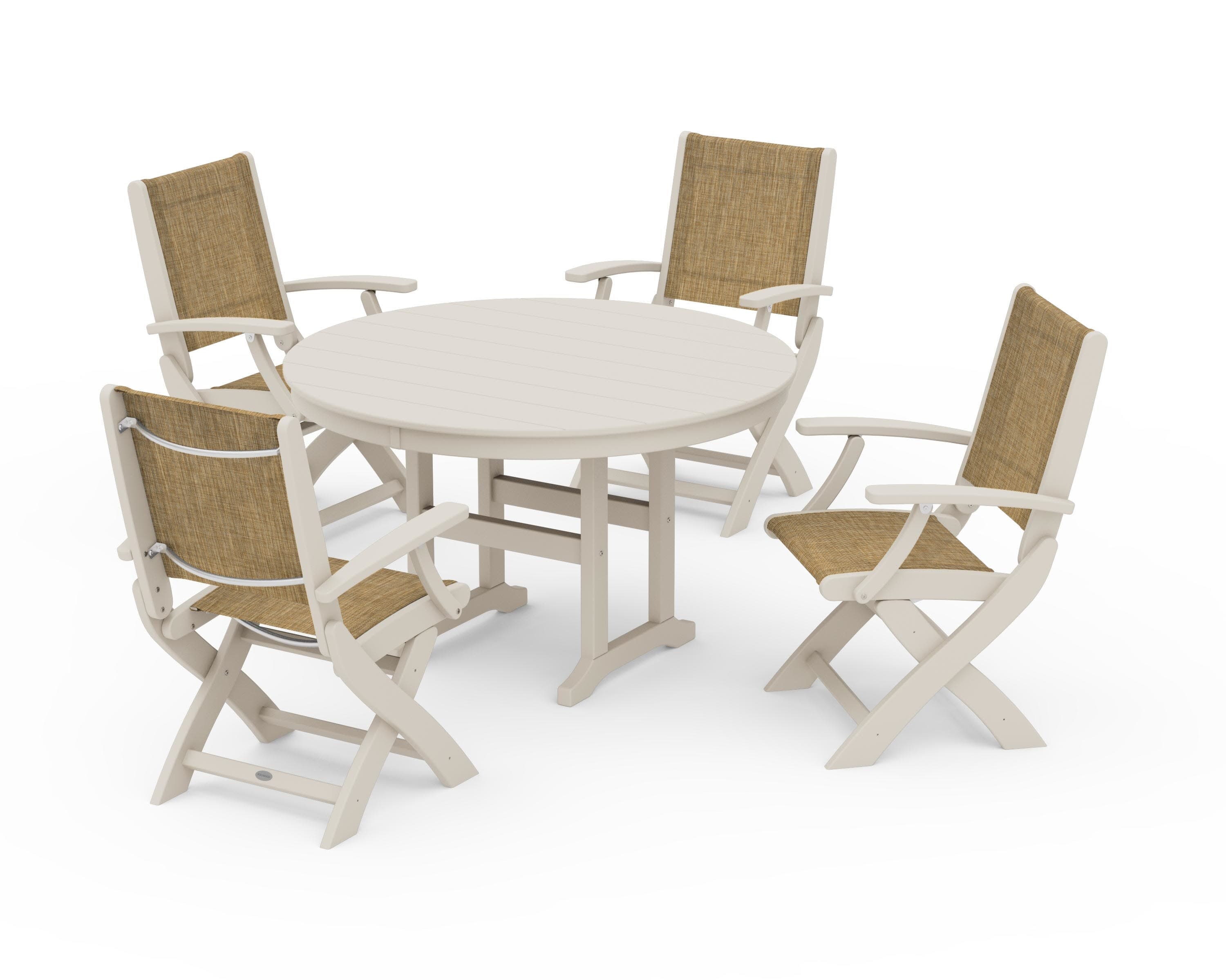 Coastal Folding Chair 5-Piece Round Dining Set in Sand / Burlap Sling