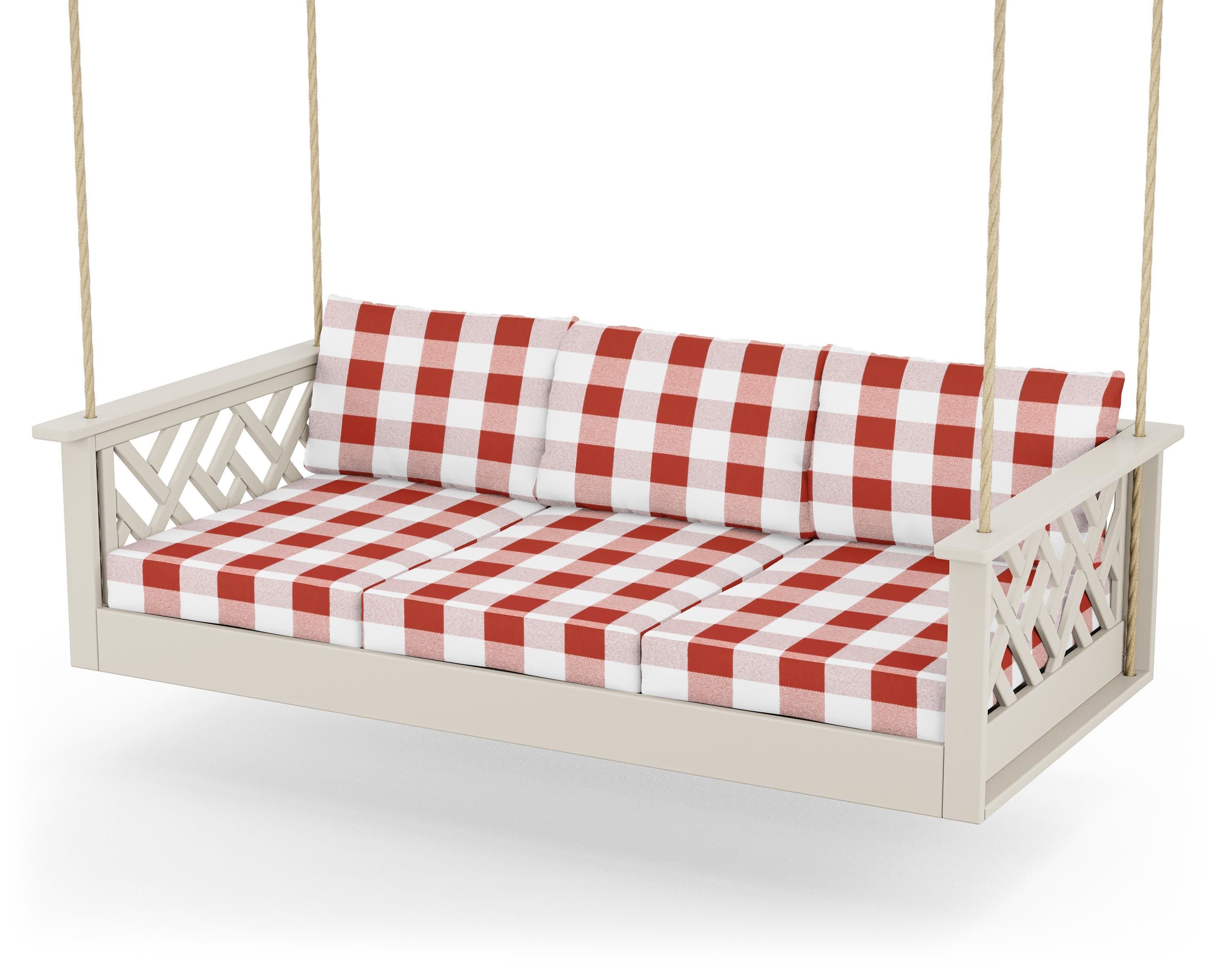 Chippendale Daybed Swing in Sand / Buffalo Plaid Crimson