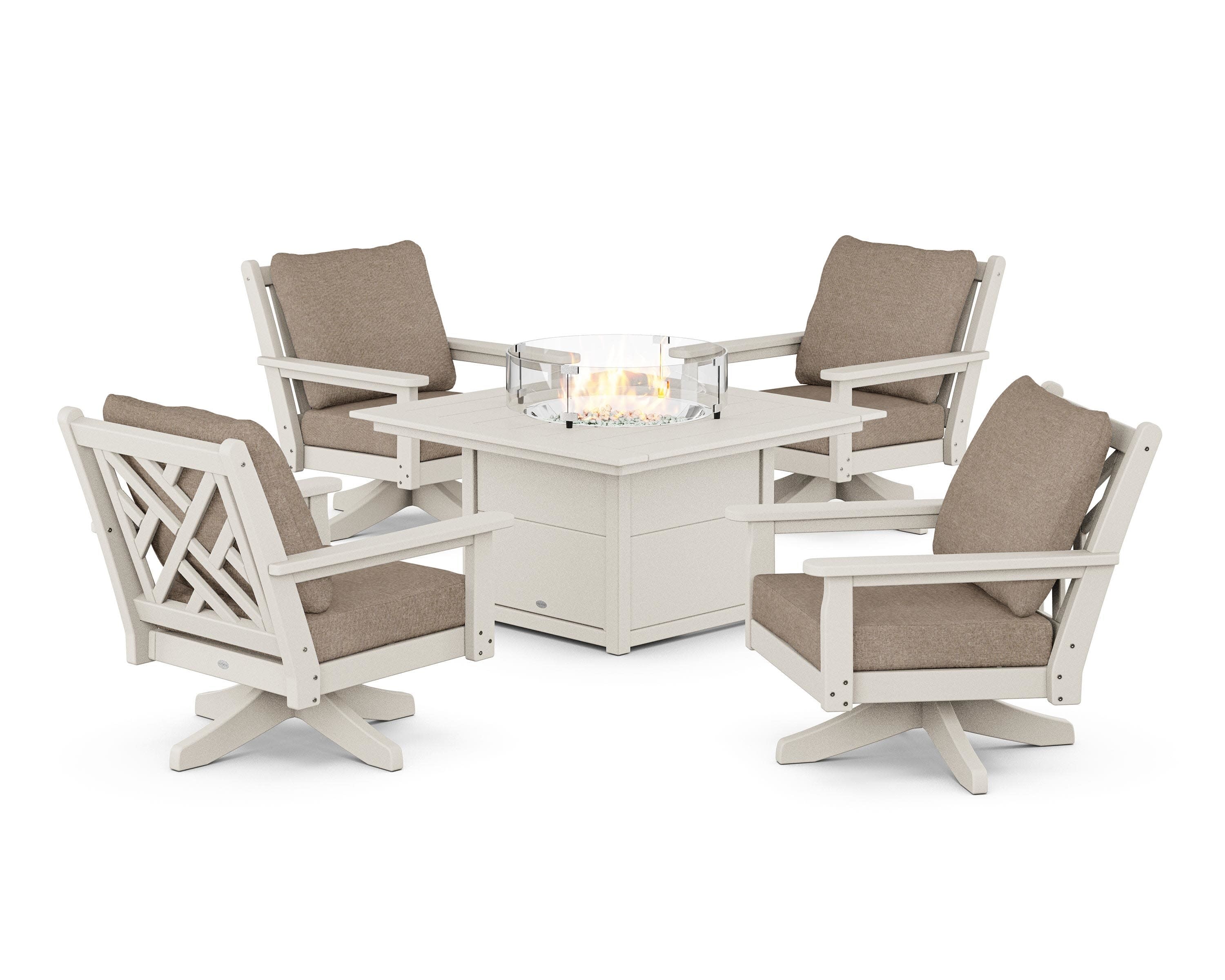 Chippendale 5-Piece Deep Seating Swivel Conversation Set with Fire Pit Table in Sand / Spiced Burlap