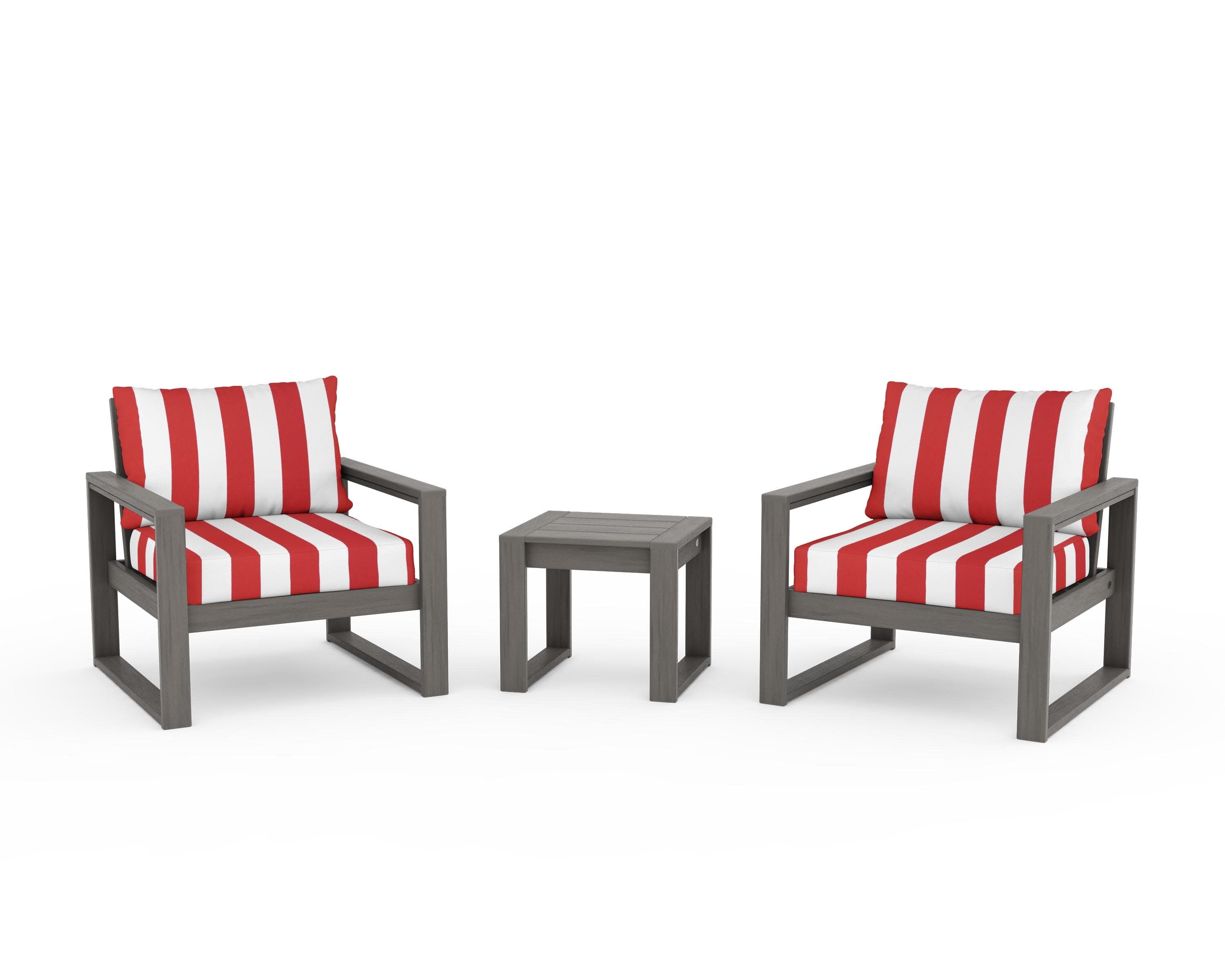 EDGE Sectional 3-Piece Deep Seating Set in Driftwood / Cabana Stripe Crimson