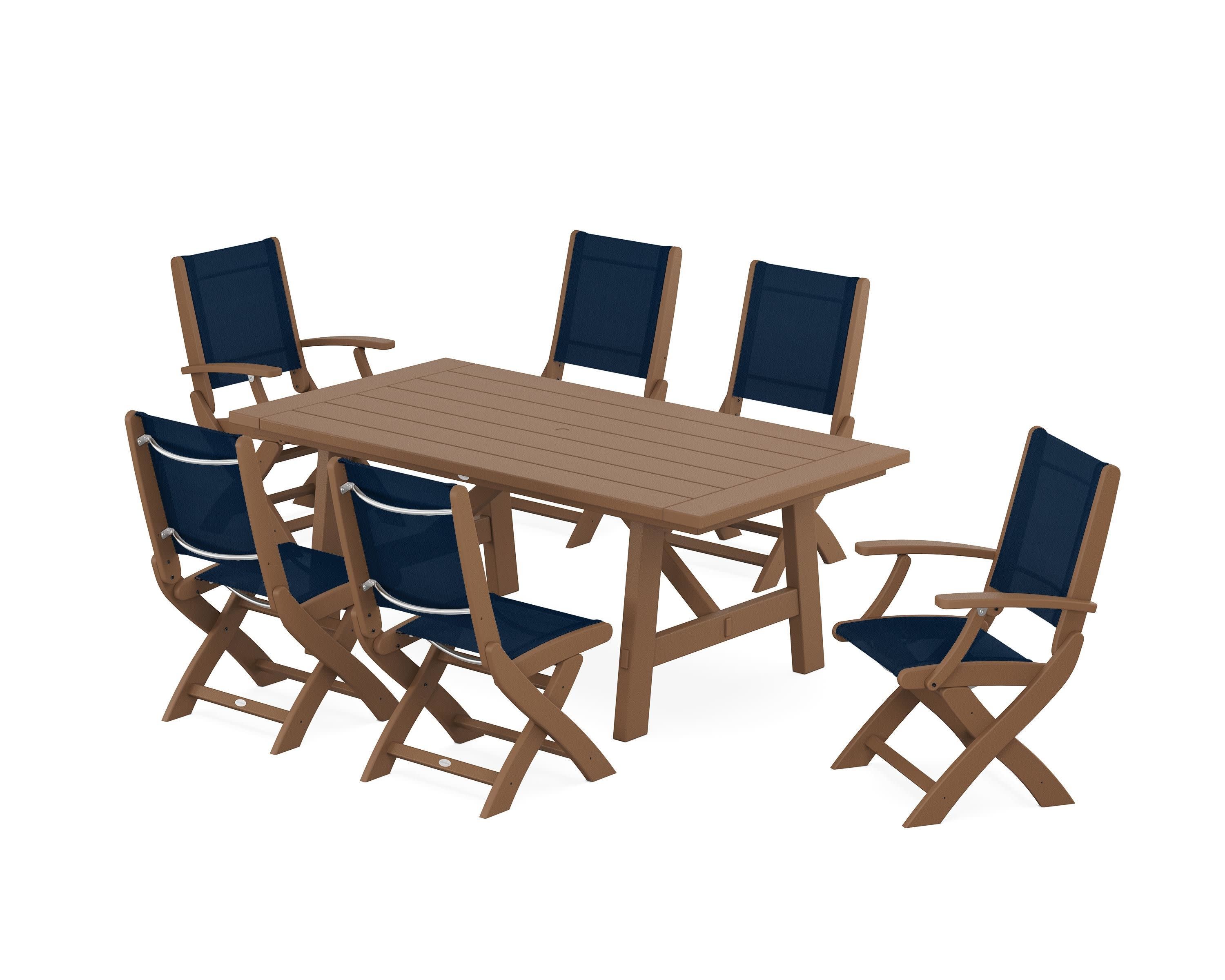 Coastal Folding Chair 7-Piece Rustic Farmhouse Dining Set in Teak / Navy Blue Sling
