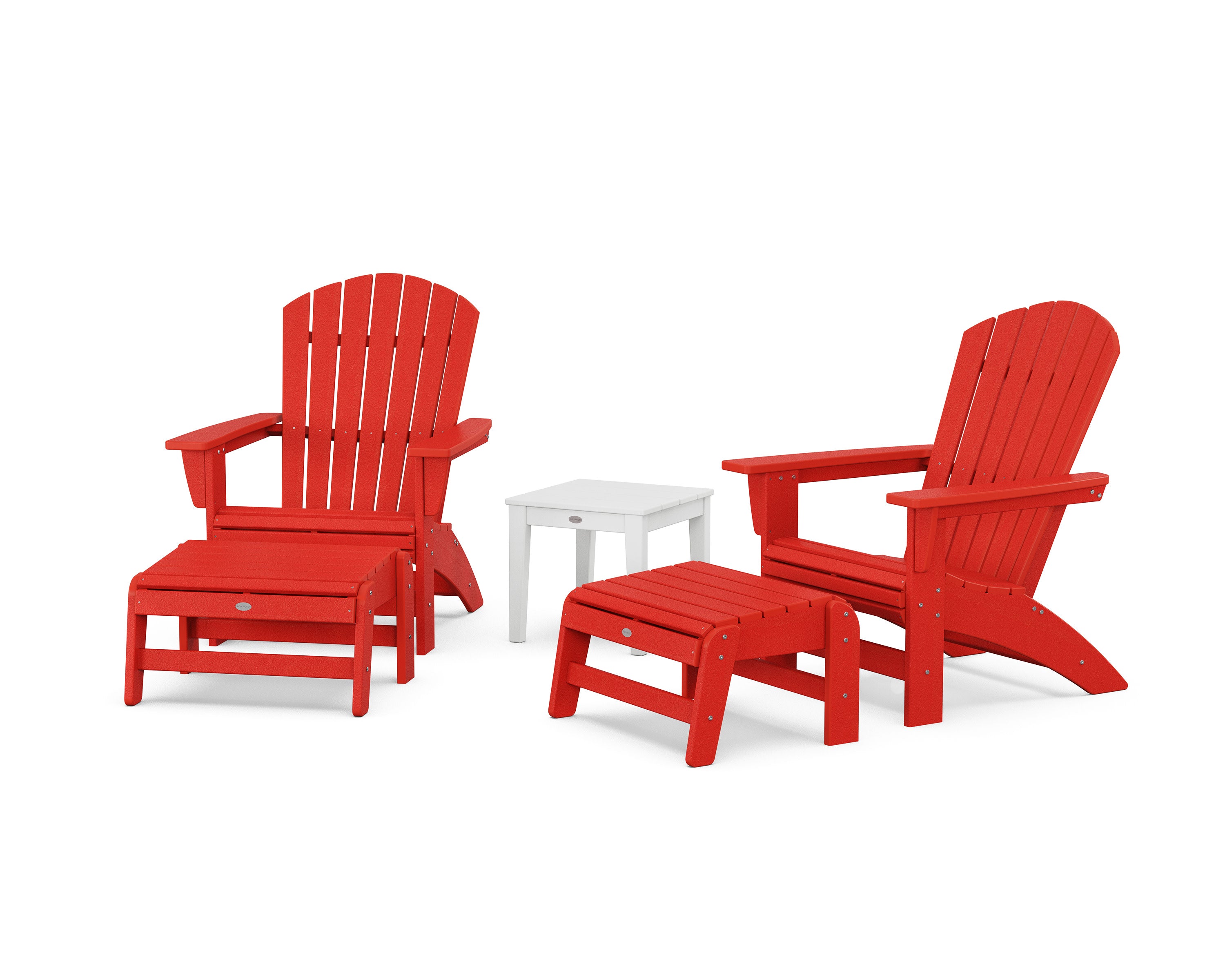5-Piece Nautical Grand Adirondack Set with Ottomans and Side Table in Sunset Red / White
