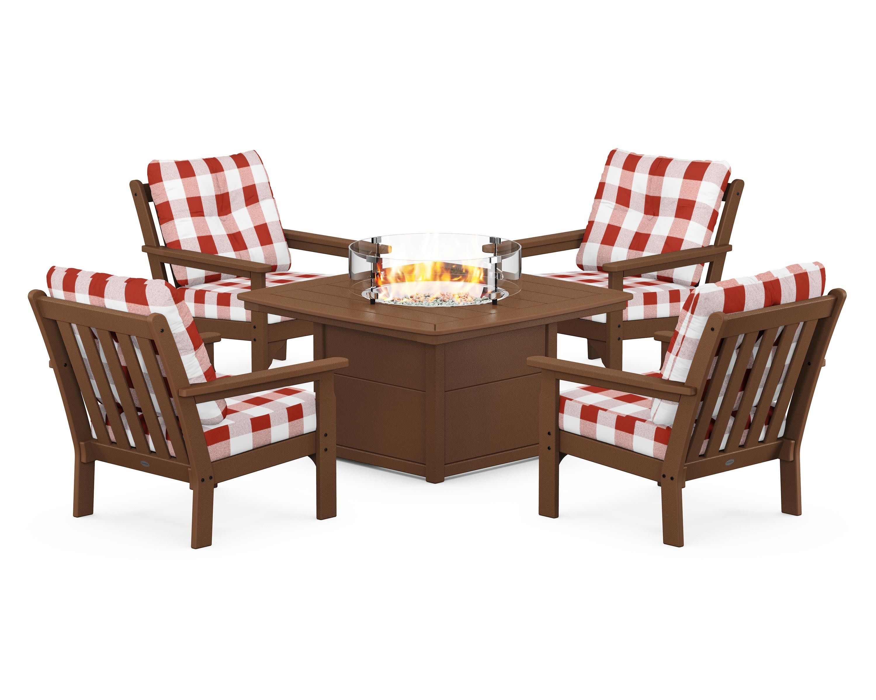 Vineyard 5-Piece Conversation Set with Fire Pit Table in Teak / Buffalo Plaid Crimson