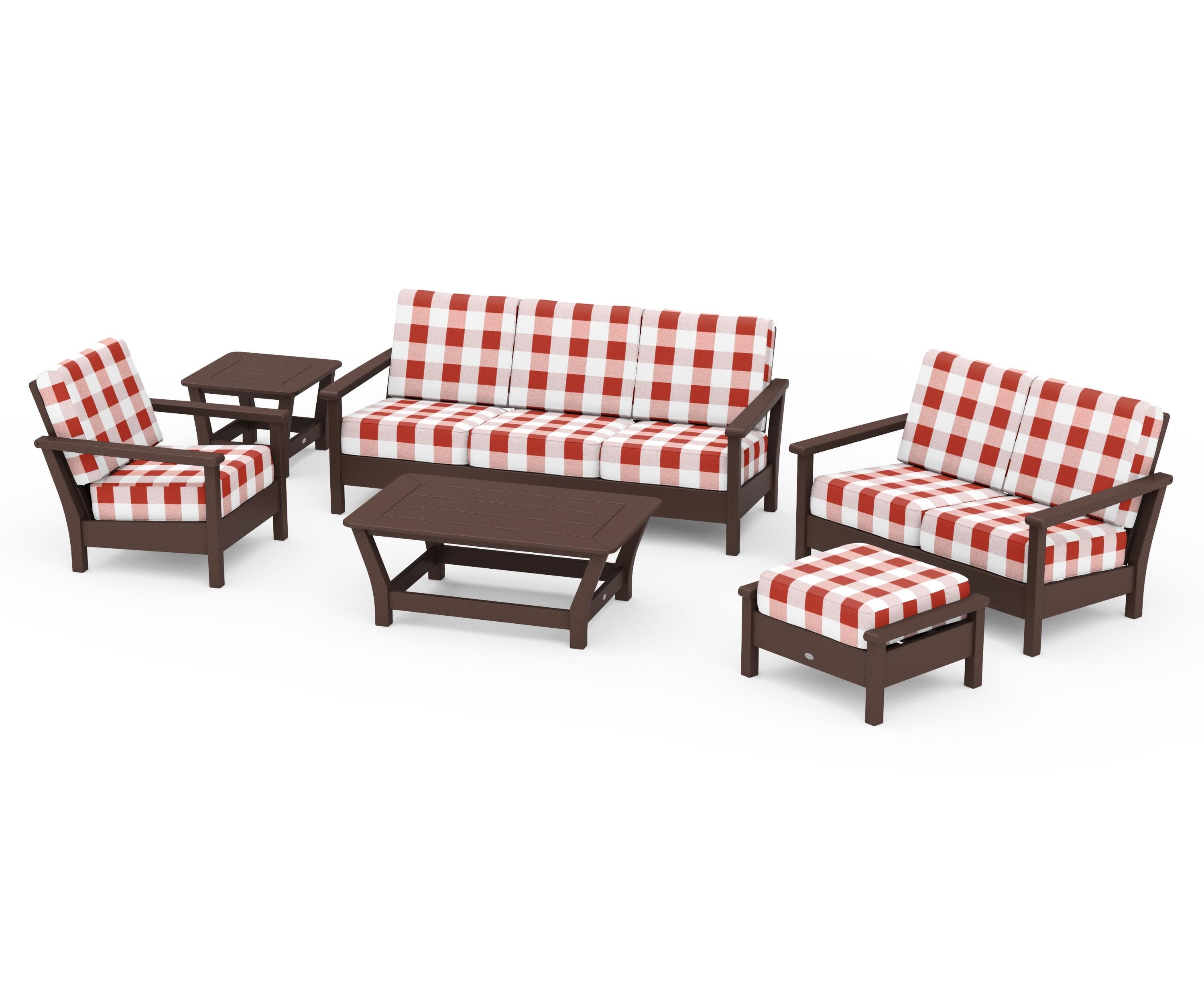 Harbour 6-Piece Outdoor Living Set in Mahogany / Buffalo Plaid Crimson