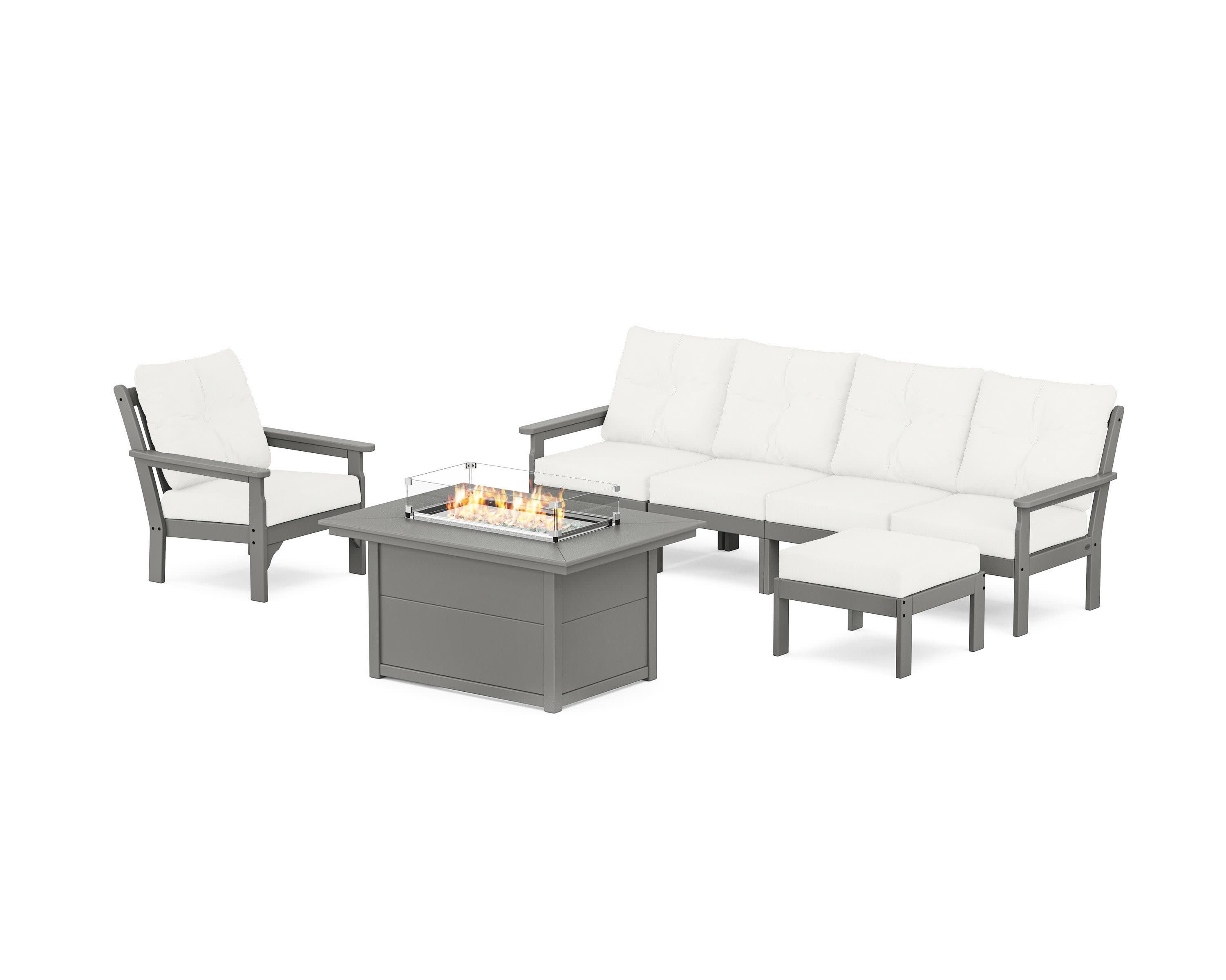 Vineyard Sectional Lounge and Fire Pit Set in Slate Grey / Natural Linen