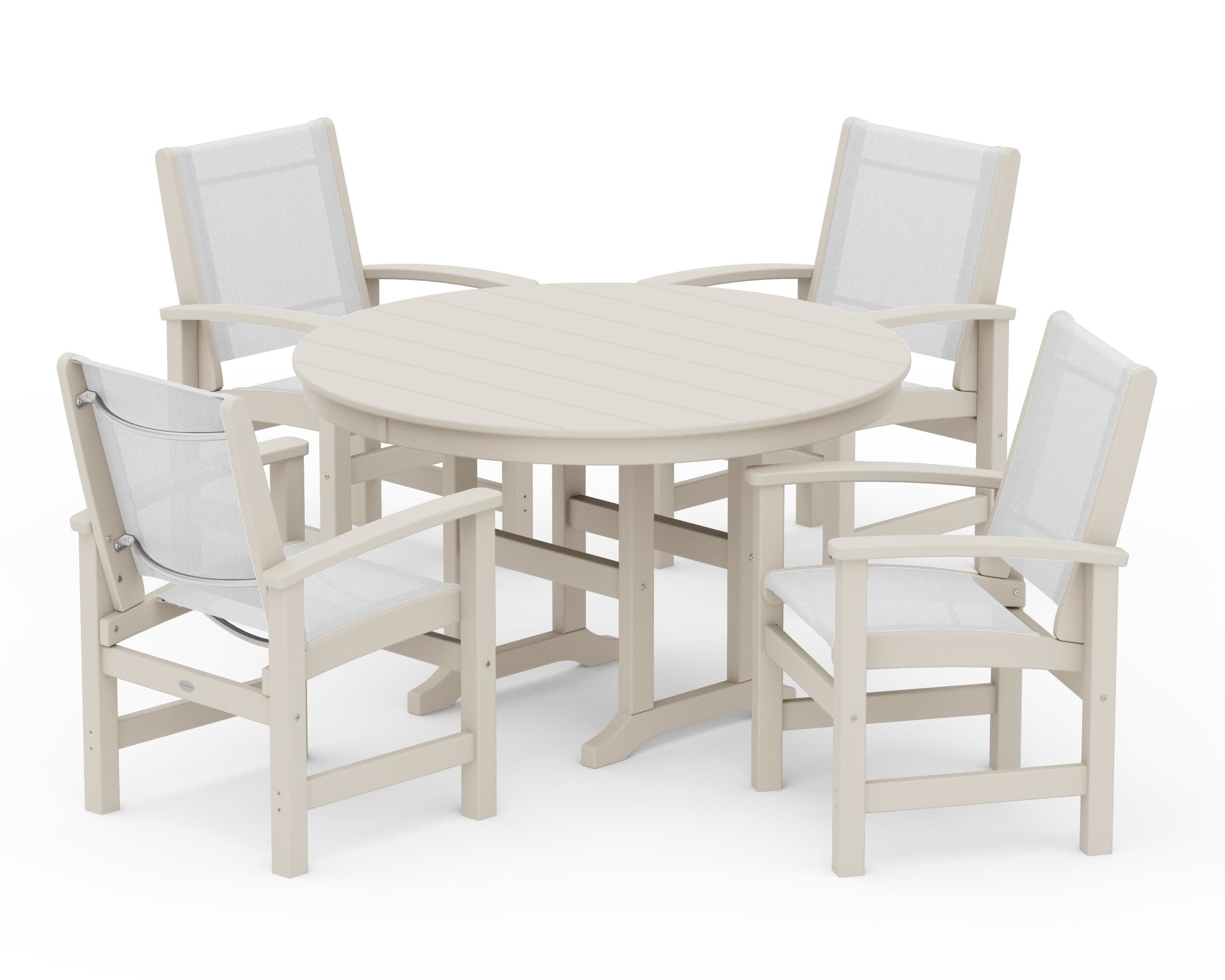 Coastal 5-Piece Round Farmhouse Dining Set in Sand / White Sling