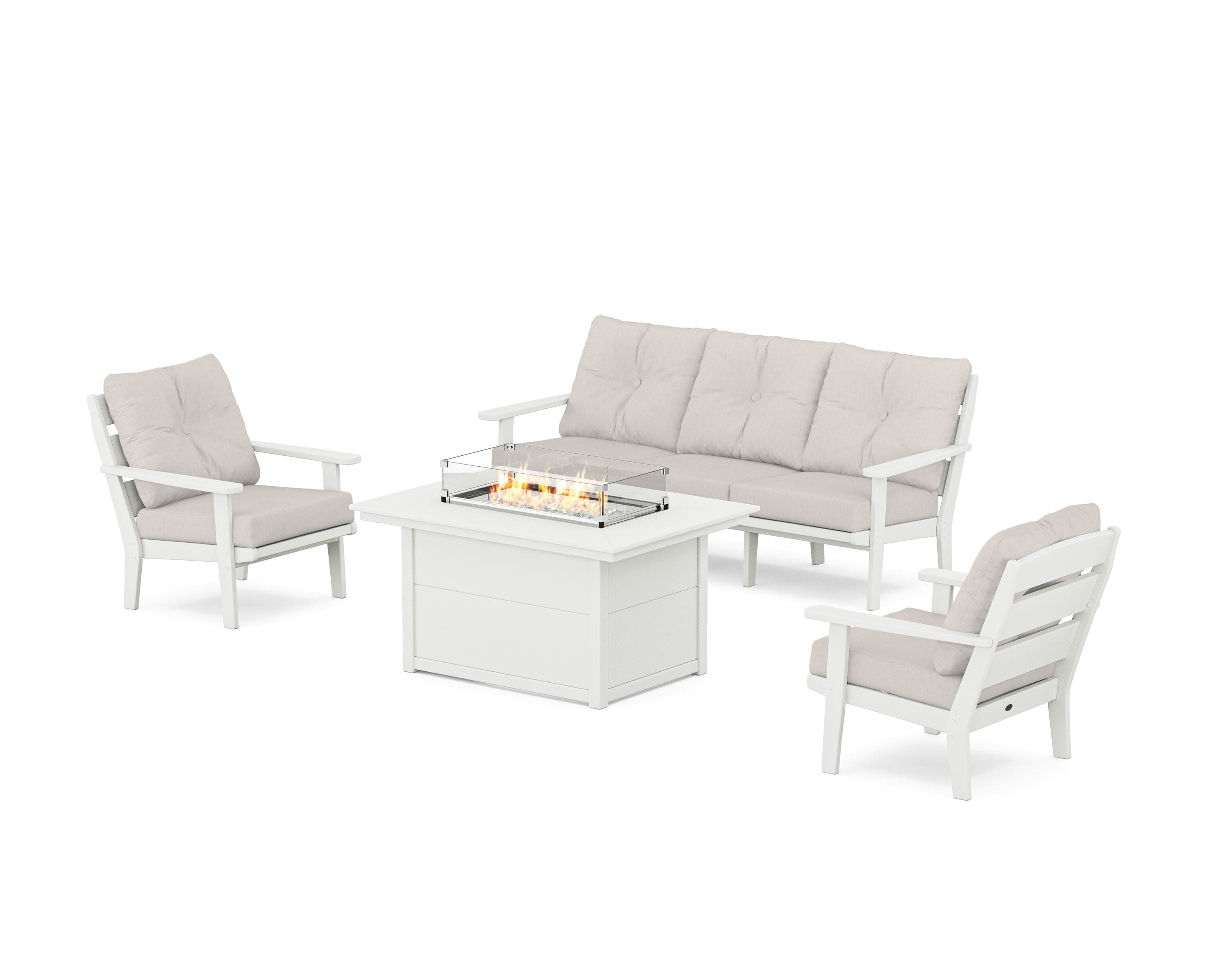 Lakeside Deep Seating Fire Pit Table Set in Vintage White / Cast Ash