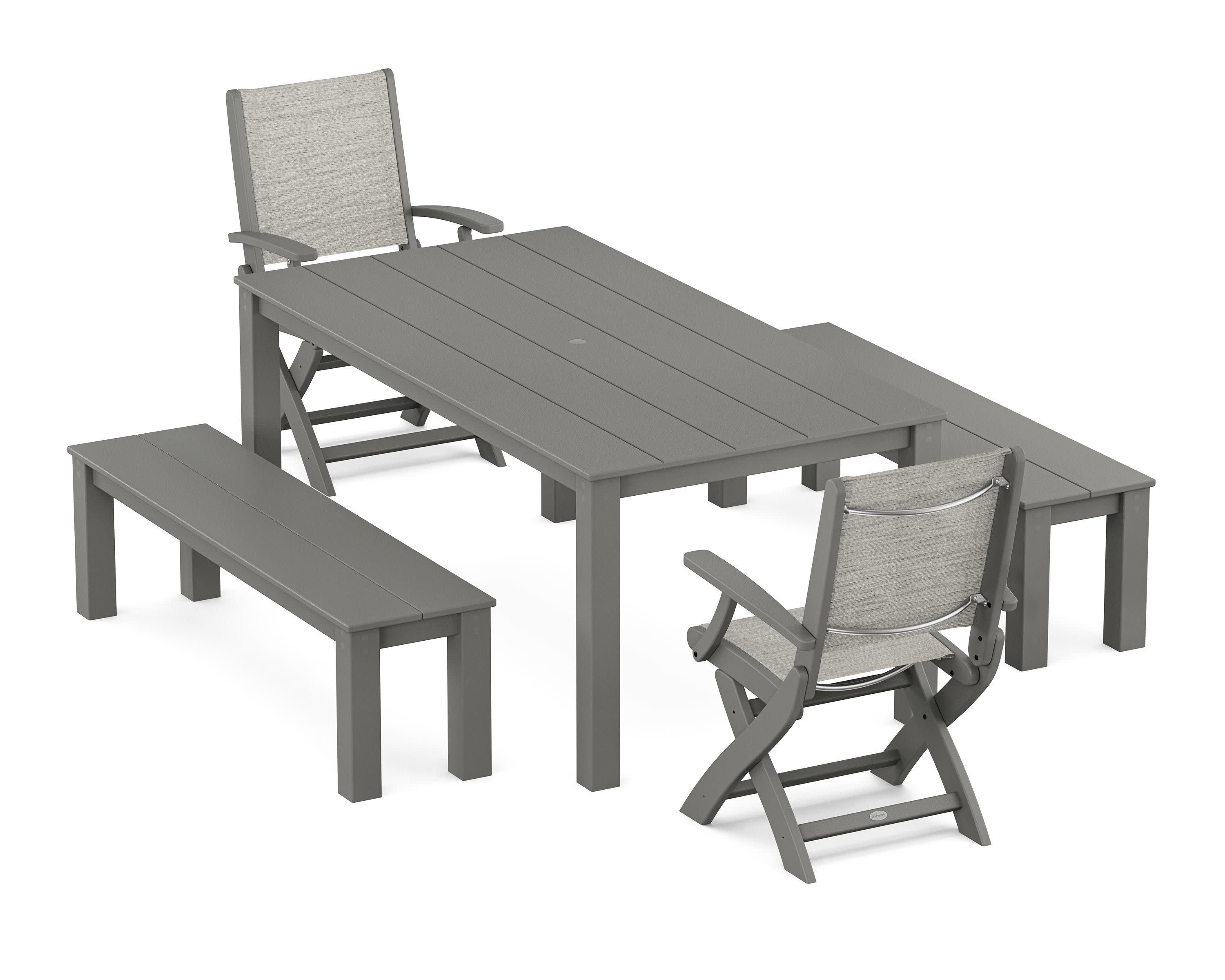 Coastal Folding Chair 5-Piece Parsons Dining Set with Benches in Slate Grey / Birch Sling