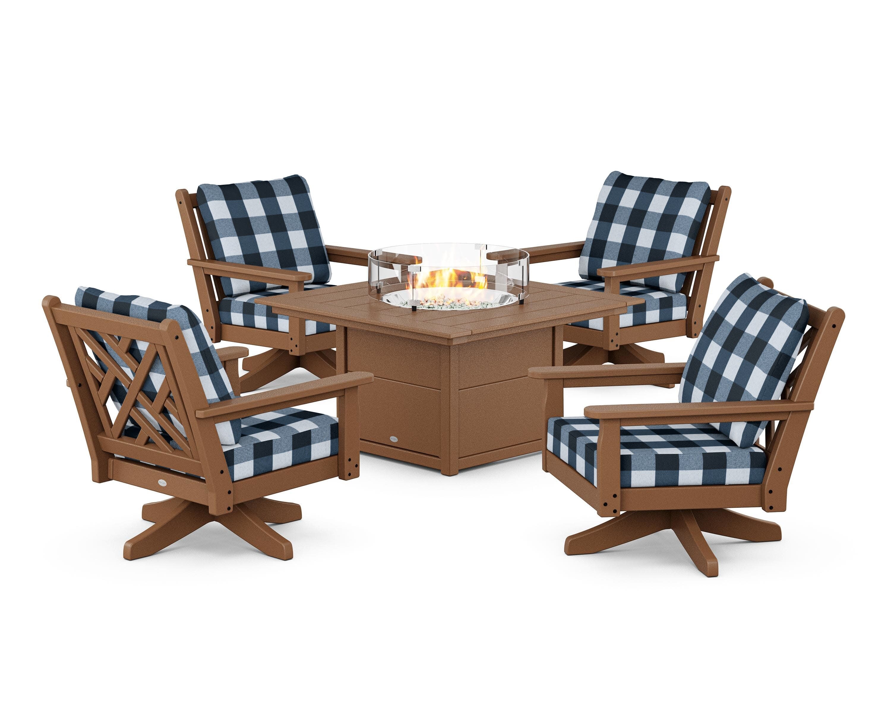 Chippendale 5-Piece Deep Seating Swivel Conversation Set with Fire Pit Table in Teak / Buffalo Plaid Marine Indigo