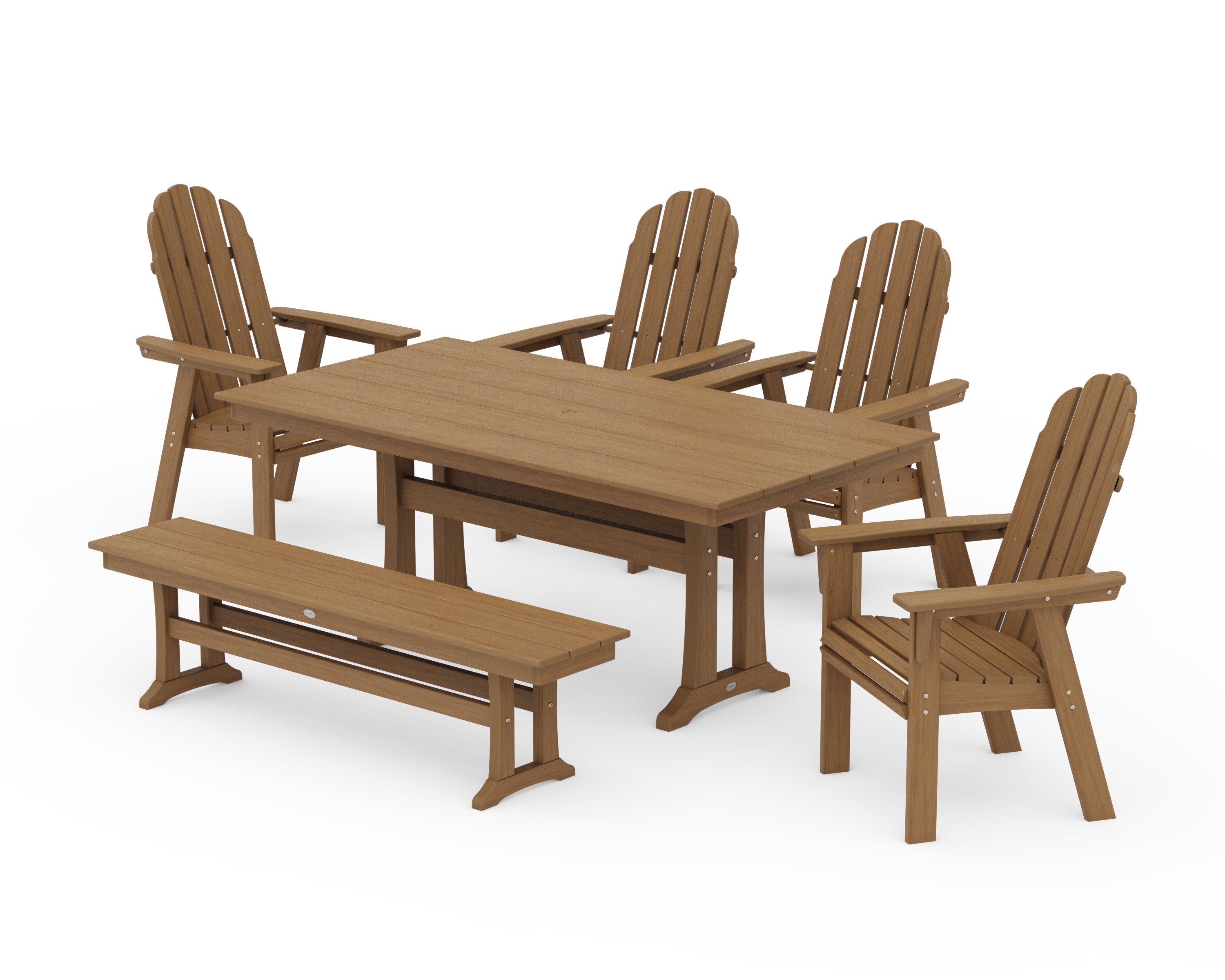 Vineyard Curveback Adirondack Chair 6-Piece Farmhouse Dining Set with Trestle Legs and Bench in Natural