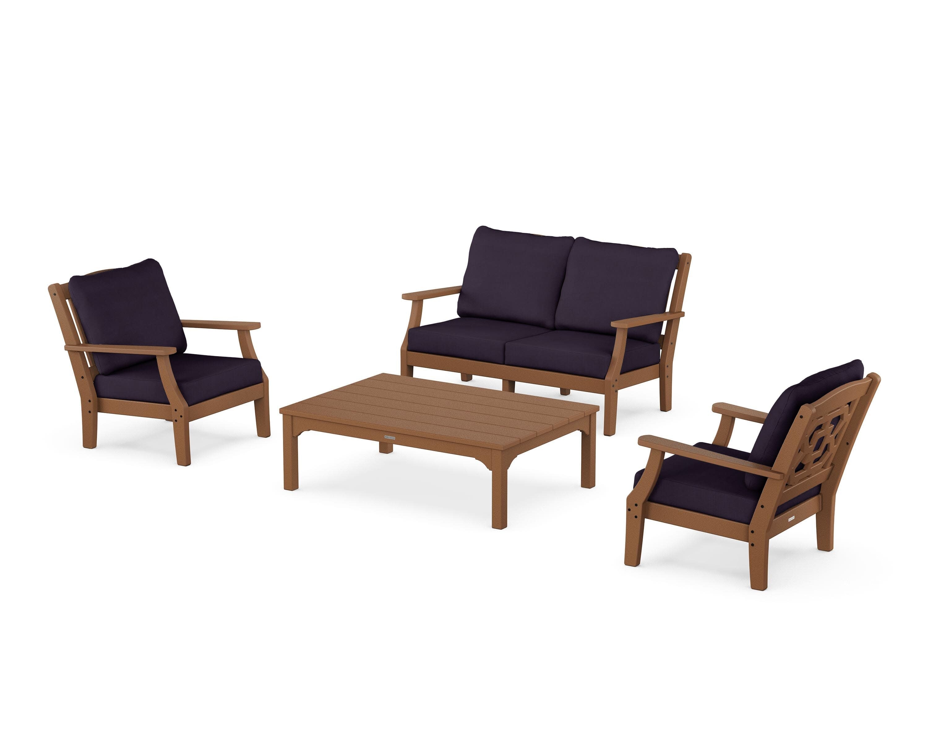 Chinoiserie 4-Piece Deep Seating Set with Loveseat in Teak / Navy Linen