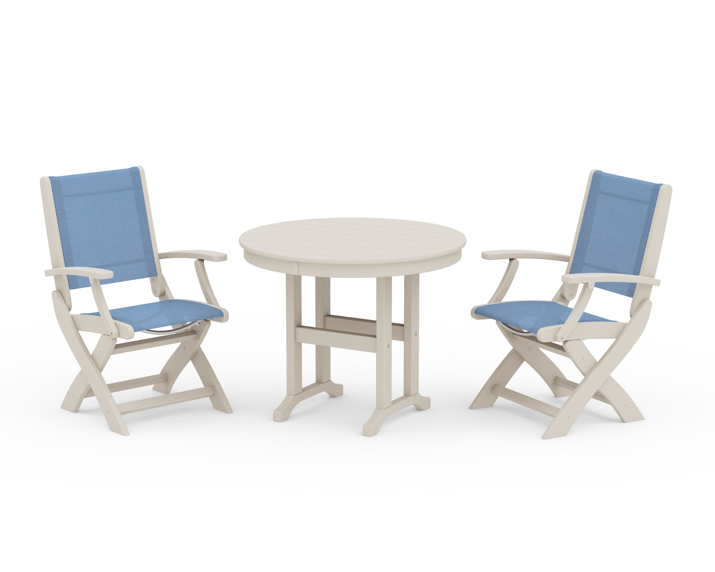 Coastal Folding Chair 3-Piece Round Dining Set in Sand / Poolside Sling