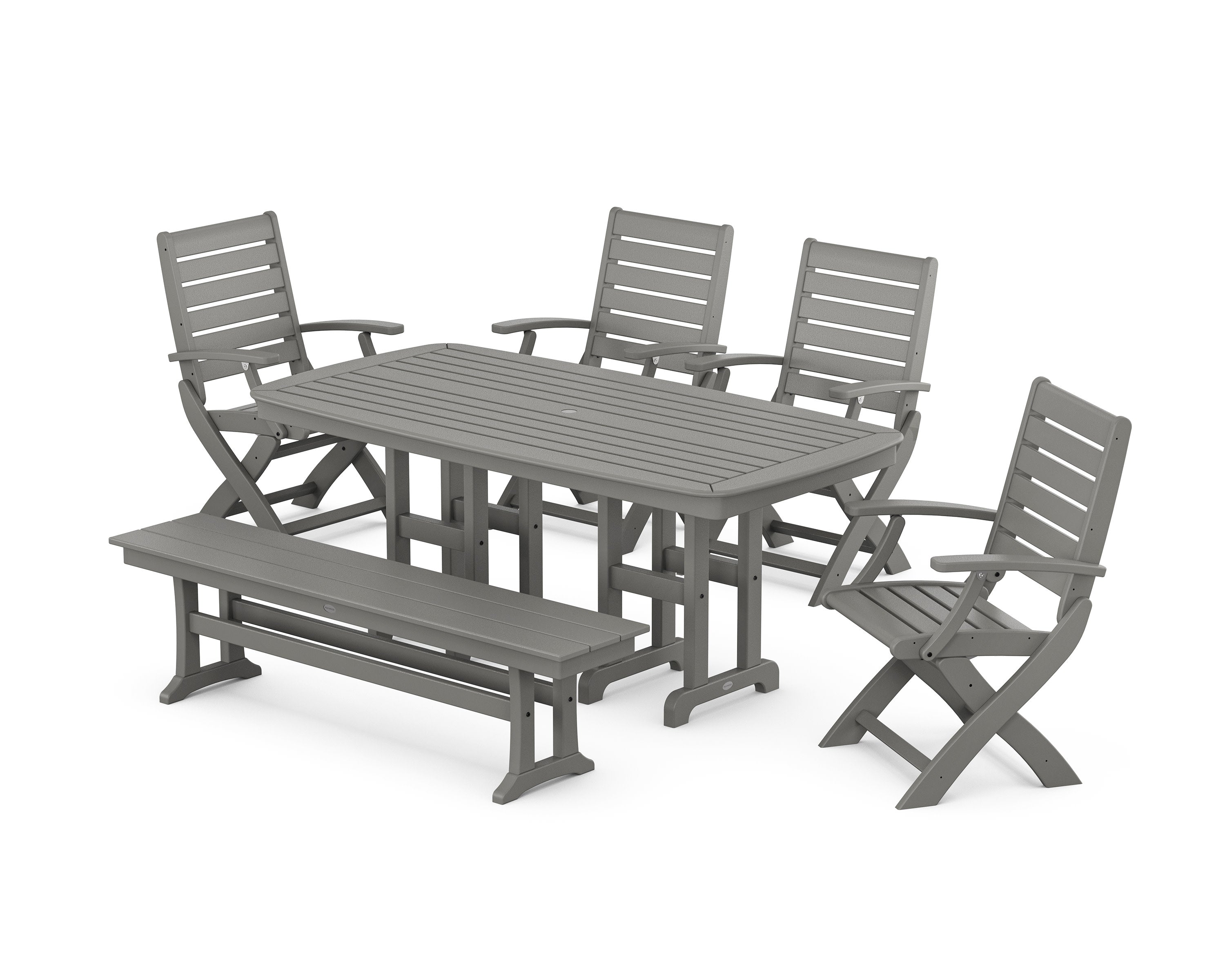 Signature Folding Chair 6-Piece Dining Set with Bench in Slate Grey