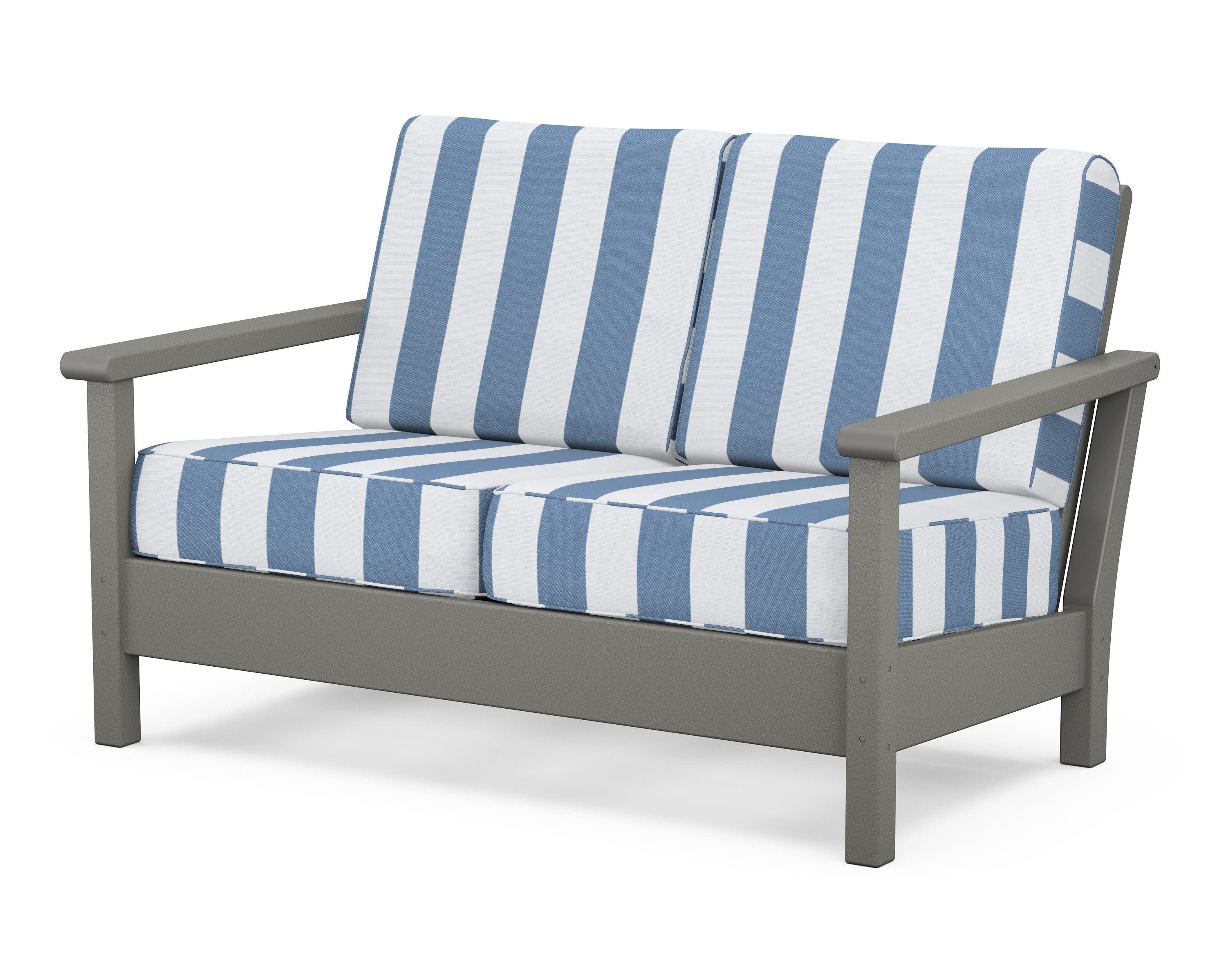 Harbour Deep Seating Loveseat in Slate Grey / Cabana Stripe Sky Blue