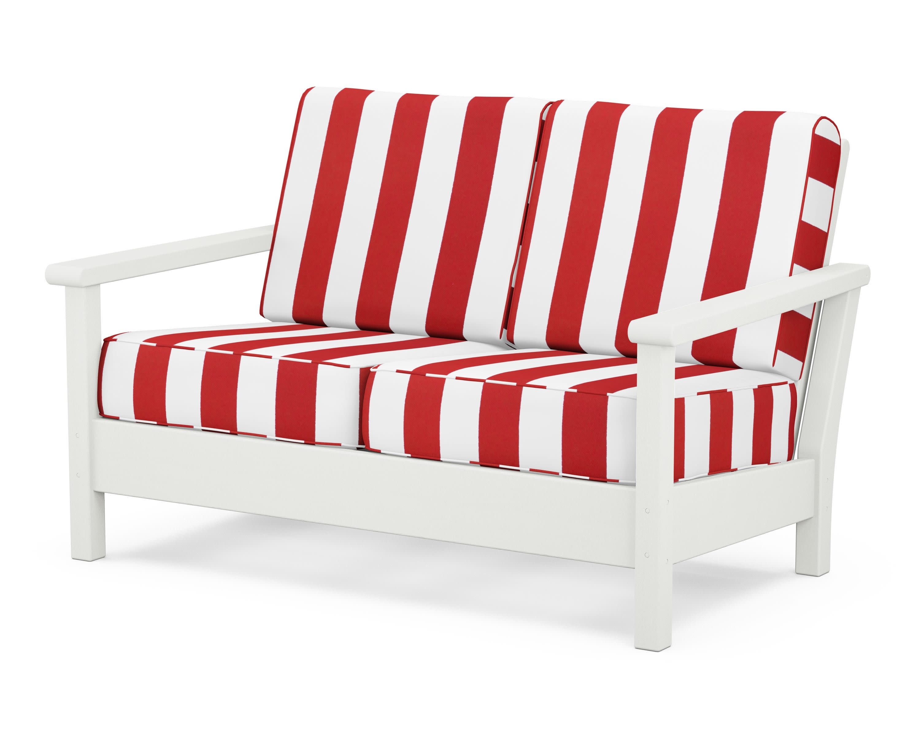 Harbour Deep Seating Loveseat in Vintage White / Cabana Stripe Crimson