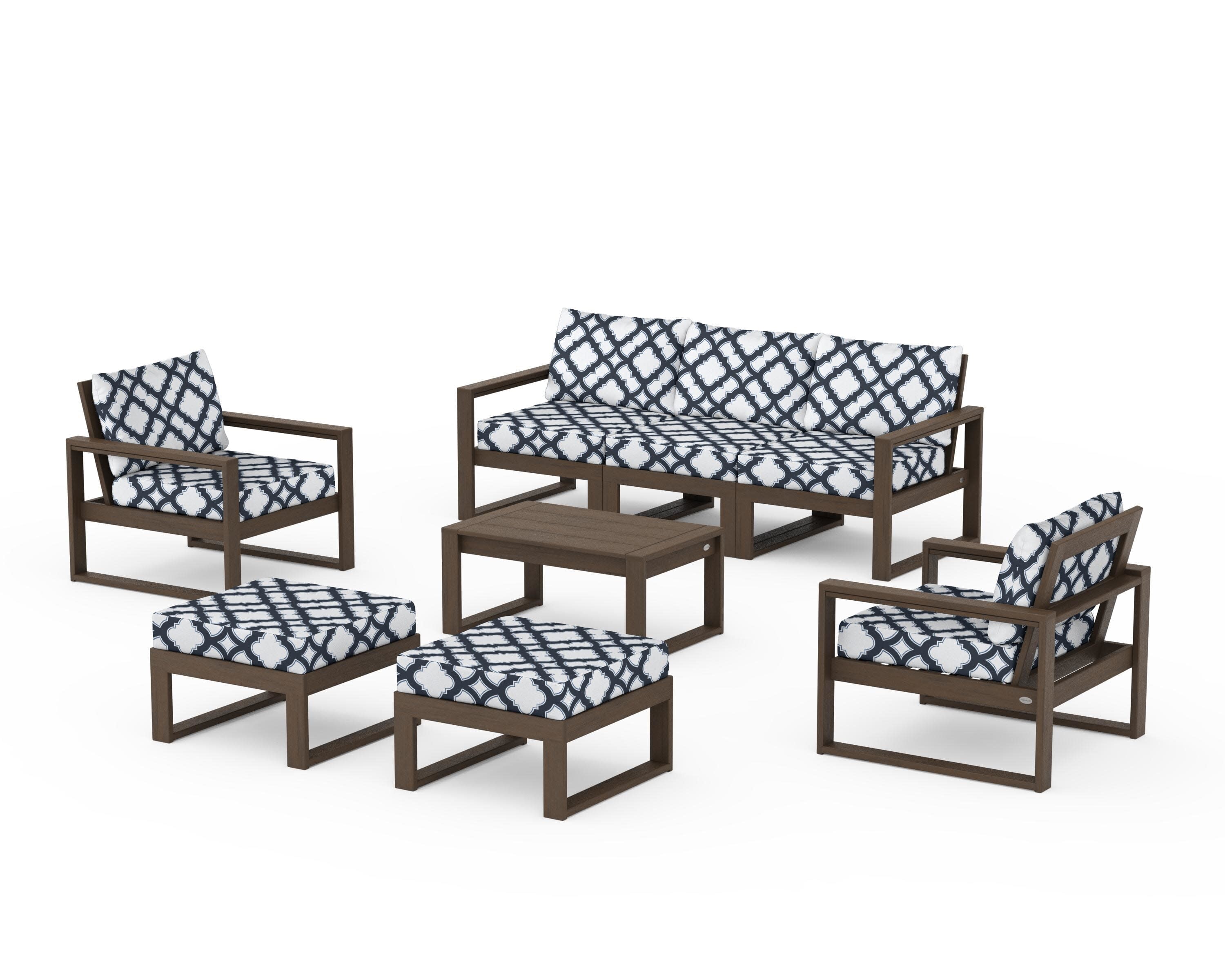 EDGE Sectional 8-Piece Lounge Sofa Set in Kona / Trellis Marine Indigo