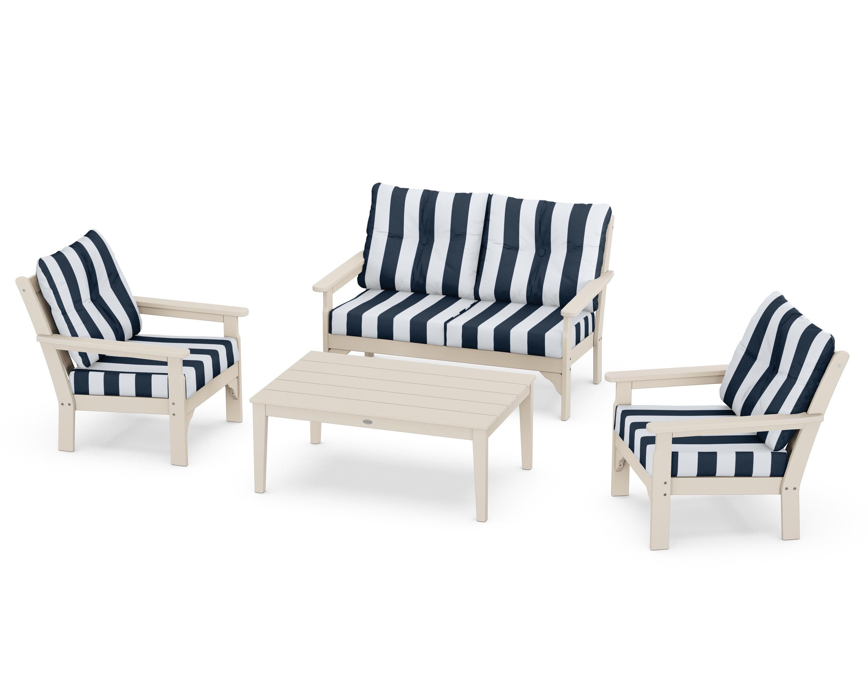 Vineyard 4-Piece Deep Seating Set in Sand / Cabana Stripe Marine Indigo