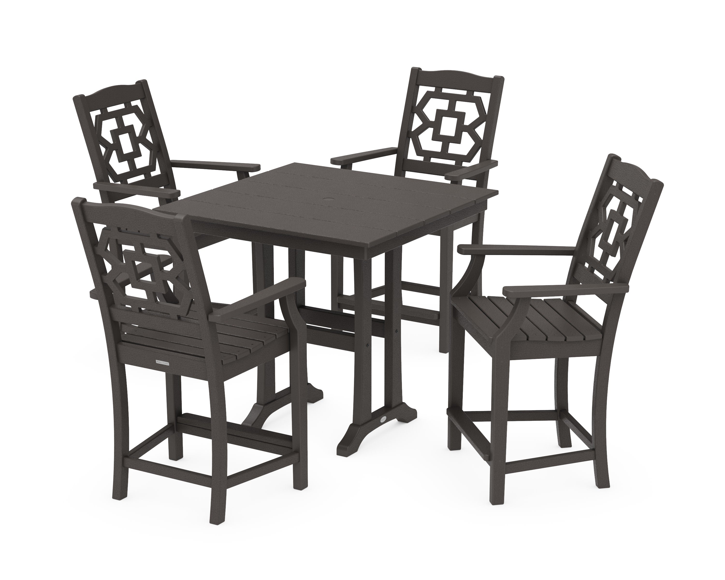 Chinoiserie 5-Piece Farmhouse Counter Set with Trestle Legs in Vintage Coffee