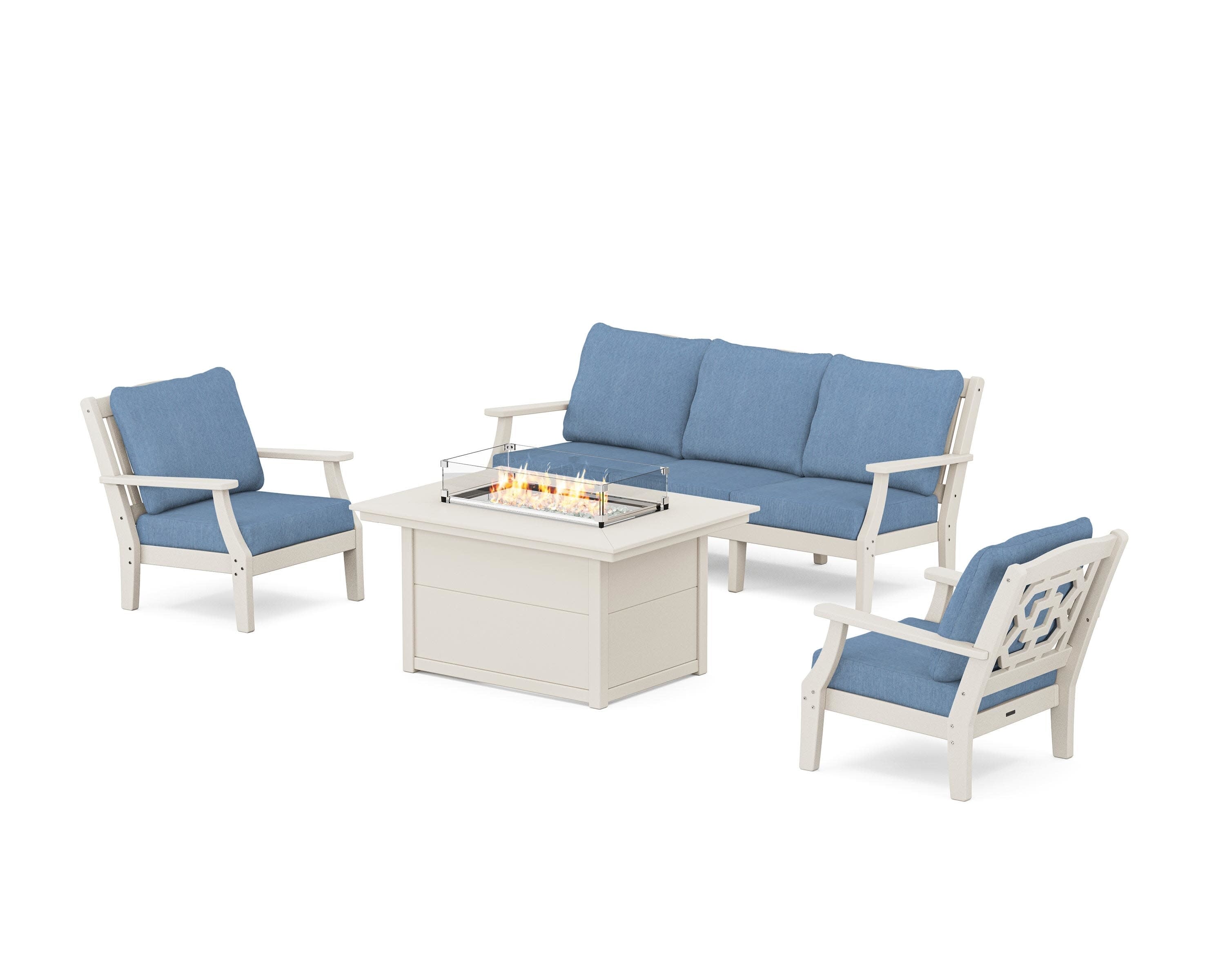 Chinoiserie Deep Seating Fire Pit Table Set in Sand / Sky Blue