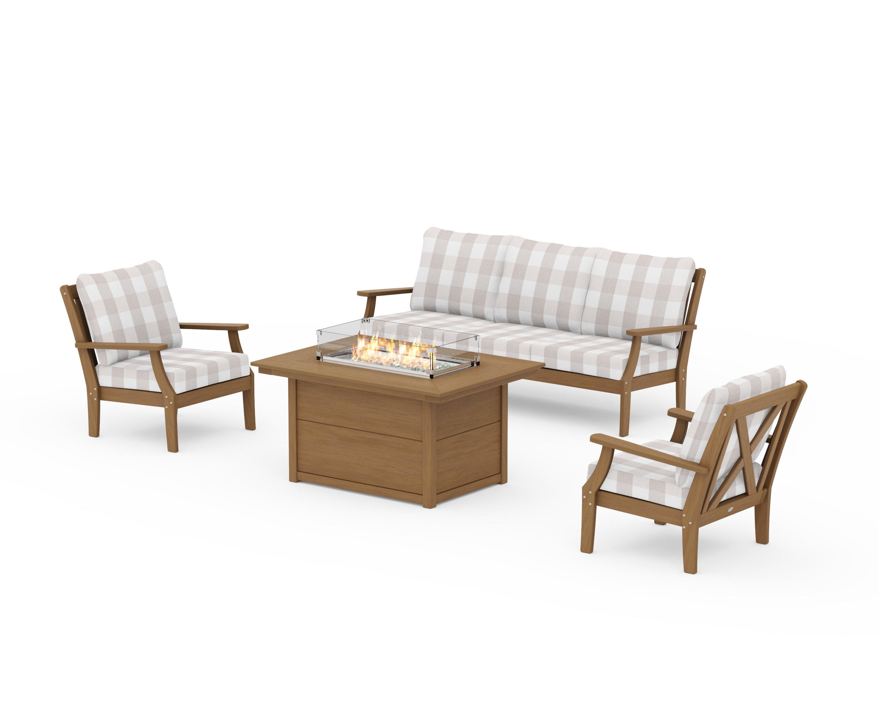 Braxton Deep Seating Fire Pit Table Set in Natural / Buffalo Plaid Dune Burlap