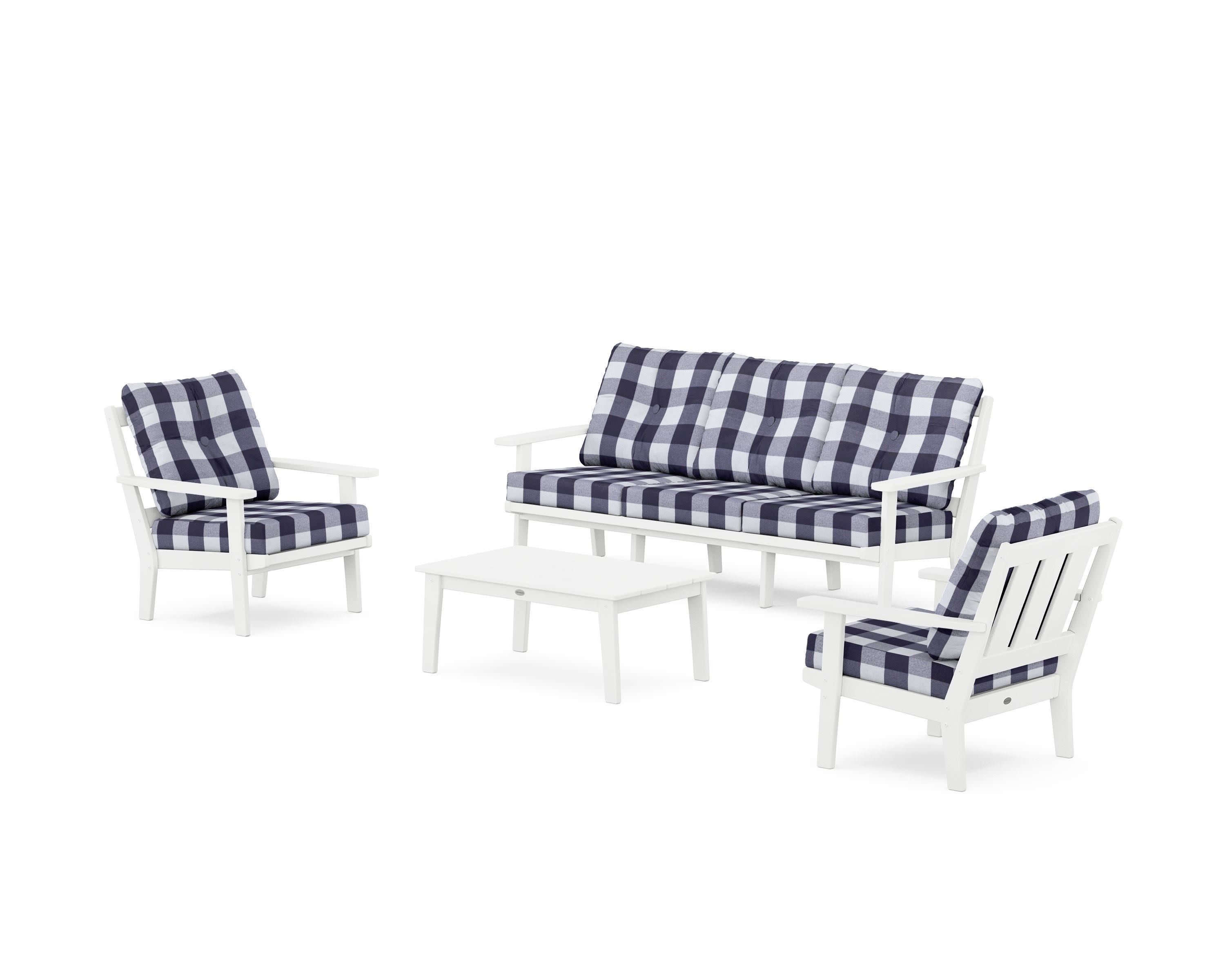 Oxford 4-Piece Deep Seating Set with Sofa in White / Buffalo Plaid Navy